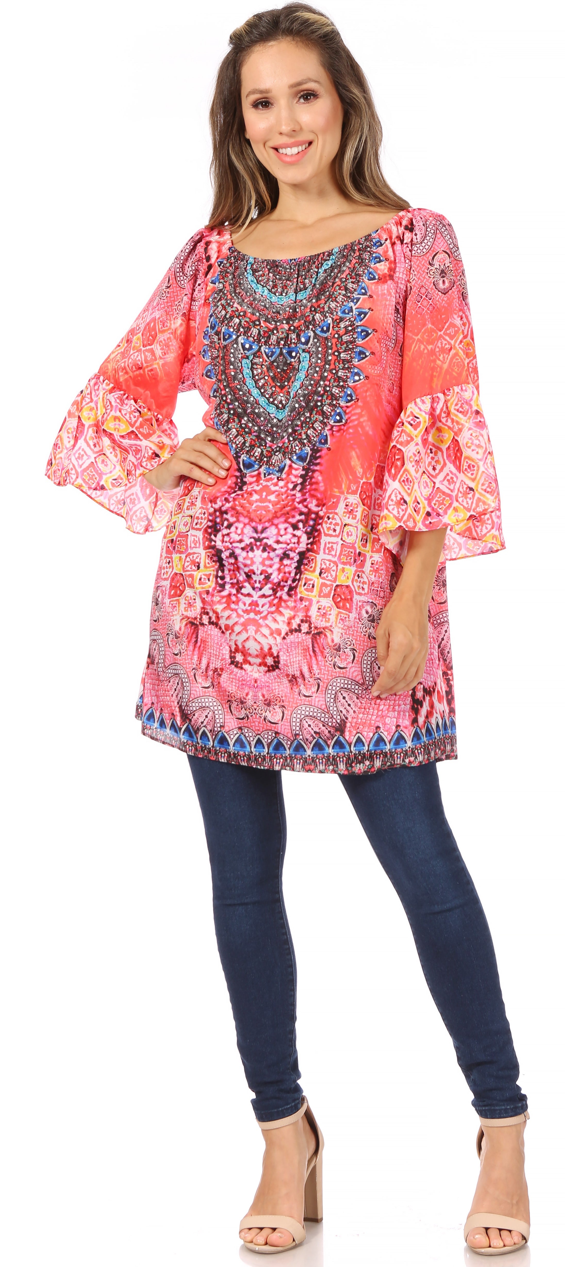 Sakkas - Inna Colorful Shift Dress Tunic with Bell Ruffled Sleeves & Rhinestones