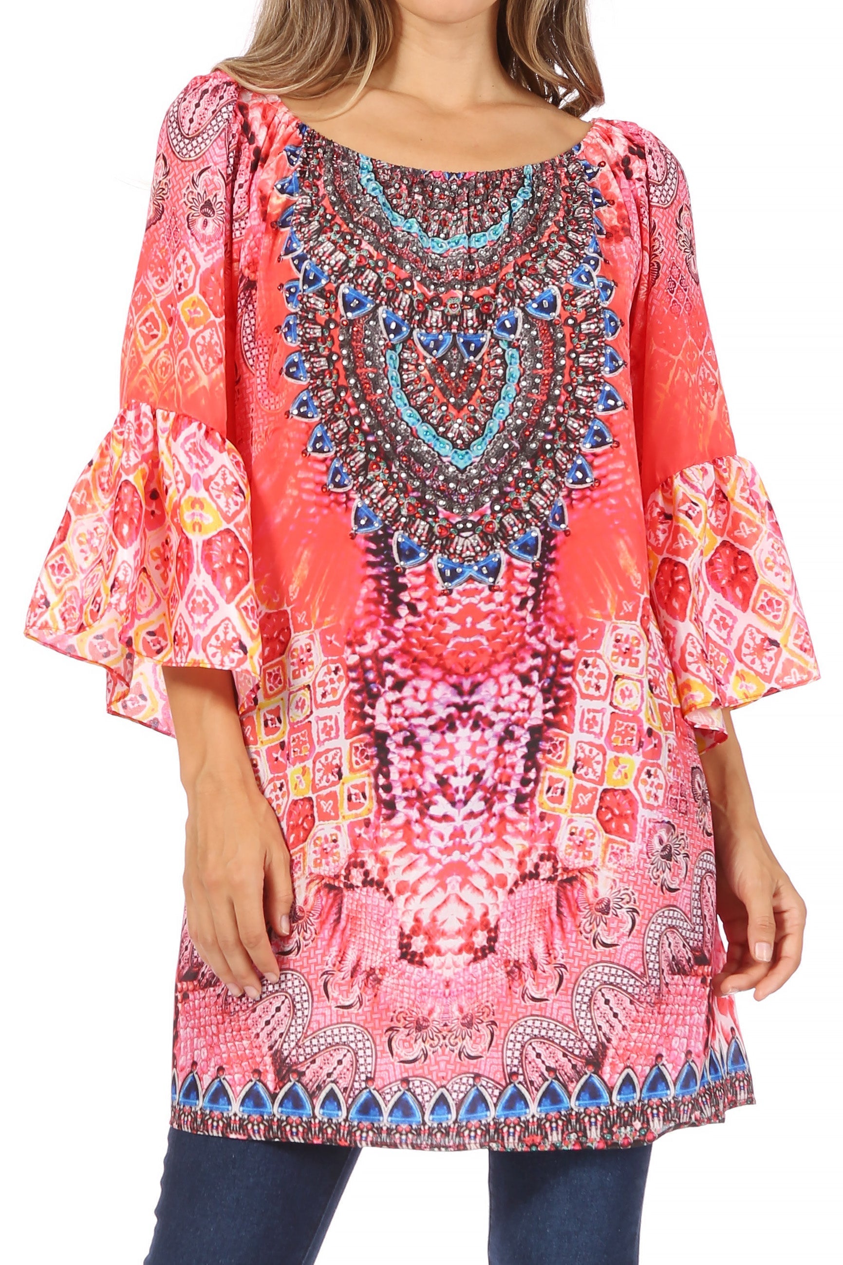 Sakkas - Inna Colorful Shift Dress Tunic with Bell Ruffled Sleeves & Rhinestones
