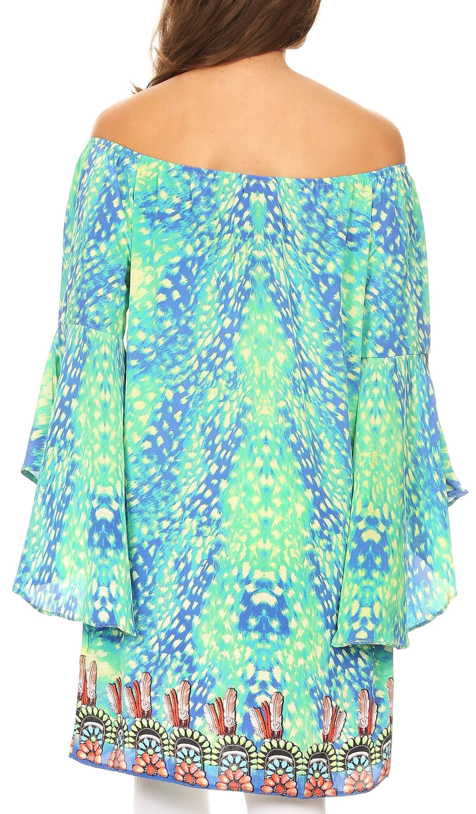Multicolored off-shoulder top with a patterned hem on a white background