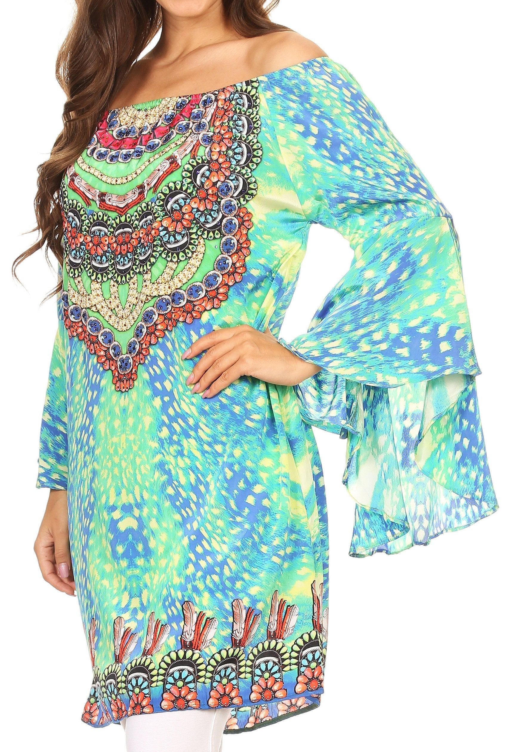 Colorful patterned dress with bell sleeves on a white background