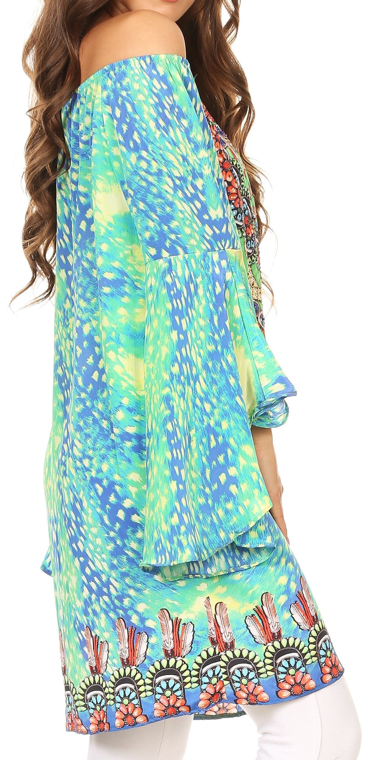 Colorful off-shoulder dress with floral patterns on a white background