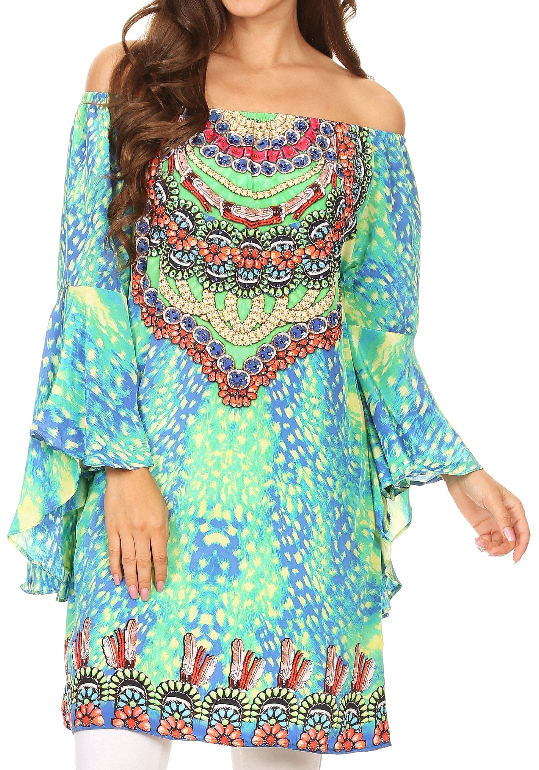 Colorful off-shoulder dress with intricate patterns on a white background