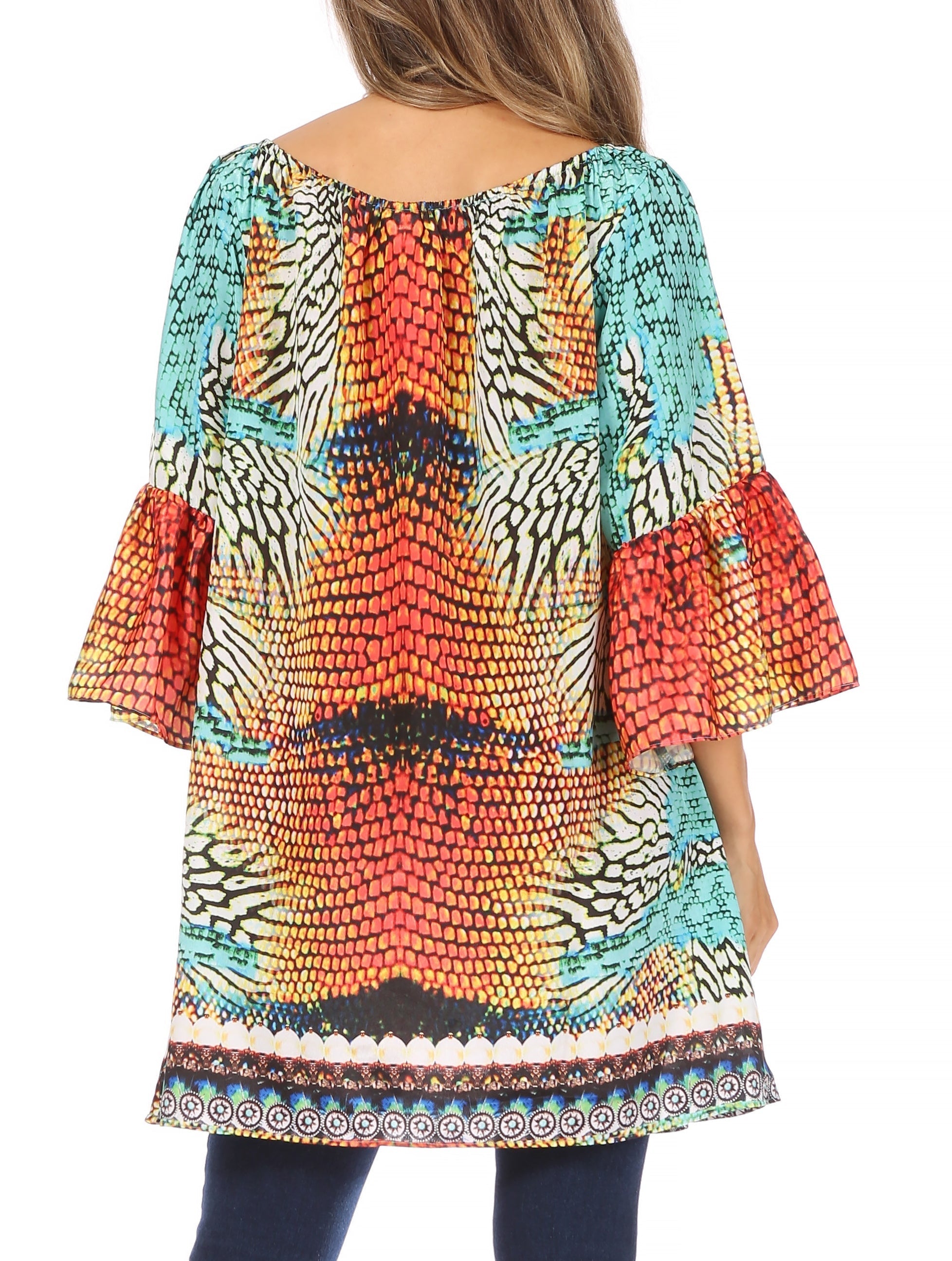 Sakkas - Inna Colorful Shift Dress Tunic with Bell Ruffled Sleeves & Rhinestones