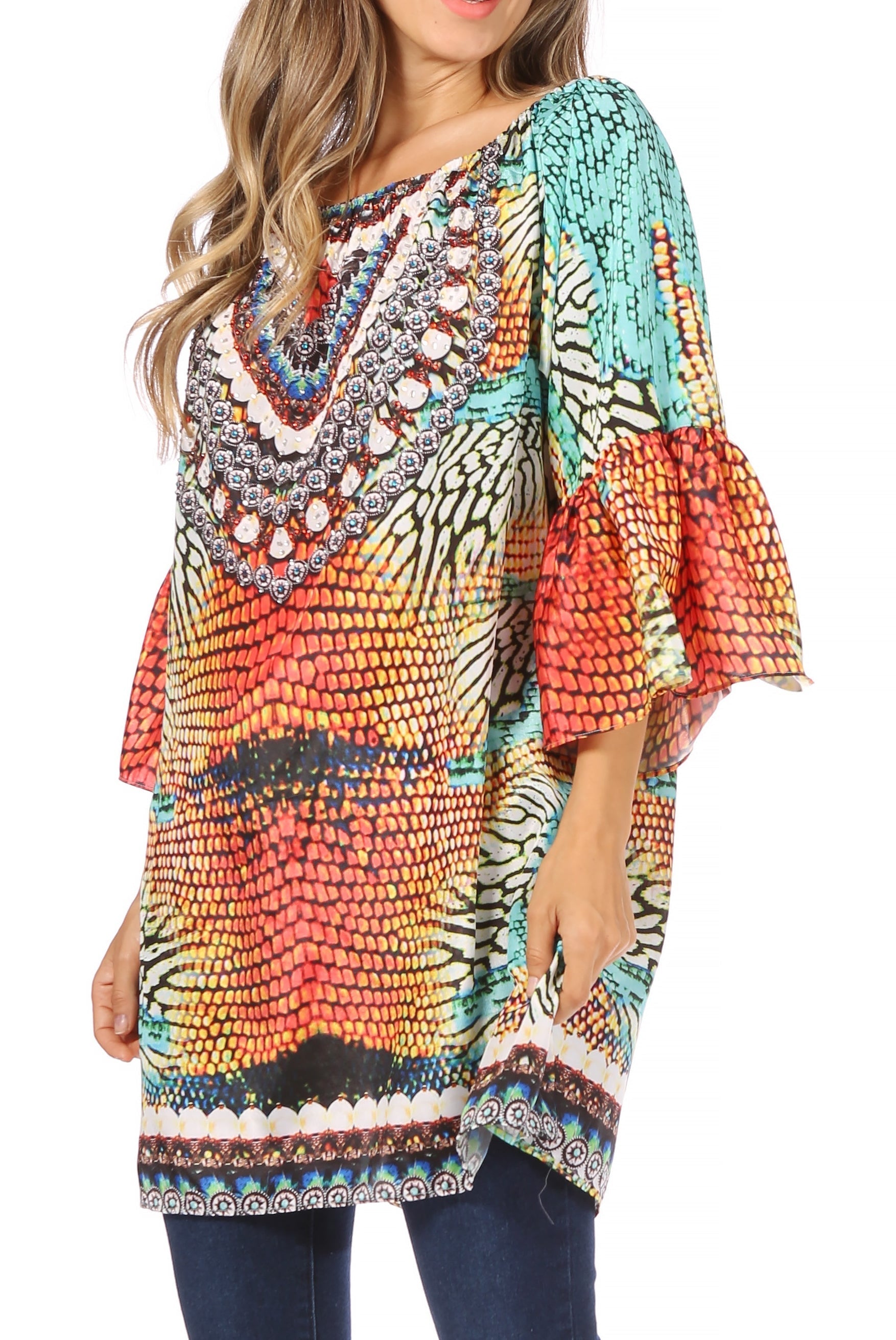 Sakkas - Inna Colorful Shift Dress Tunic with Bell Ruffled Sleeves & Rhinestones