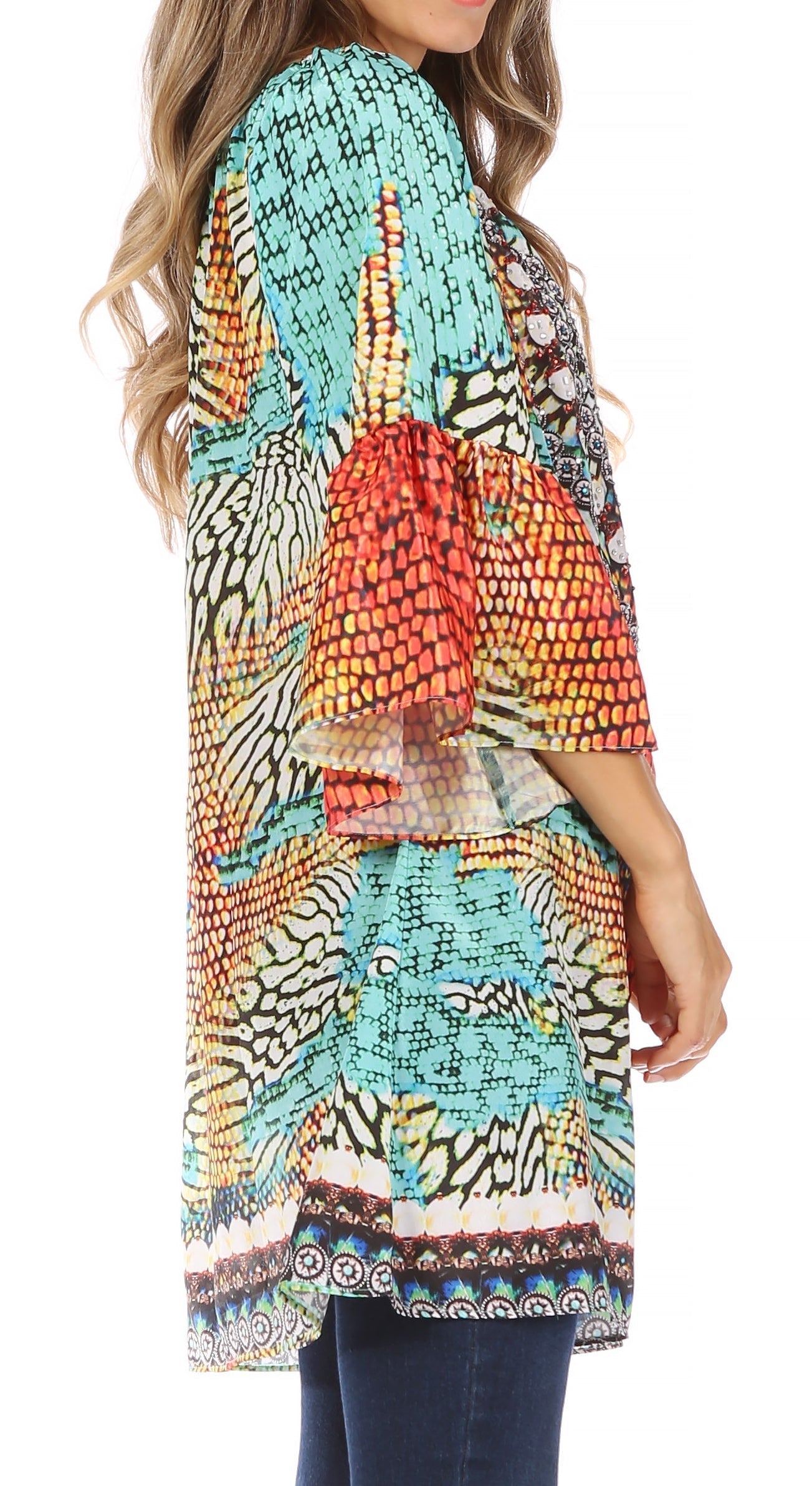 Sakkas - Inna Colorful Shift Dress Tunic with Bell Ruffled Sleeves & Rhinestones