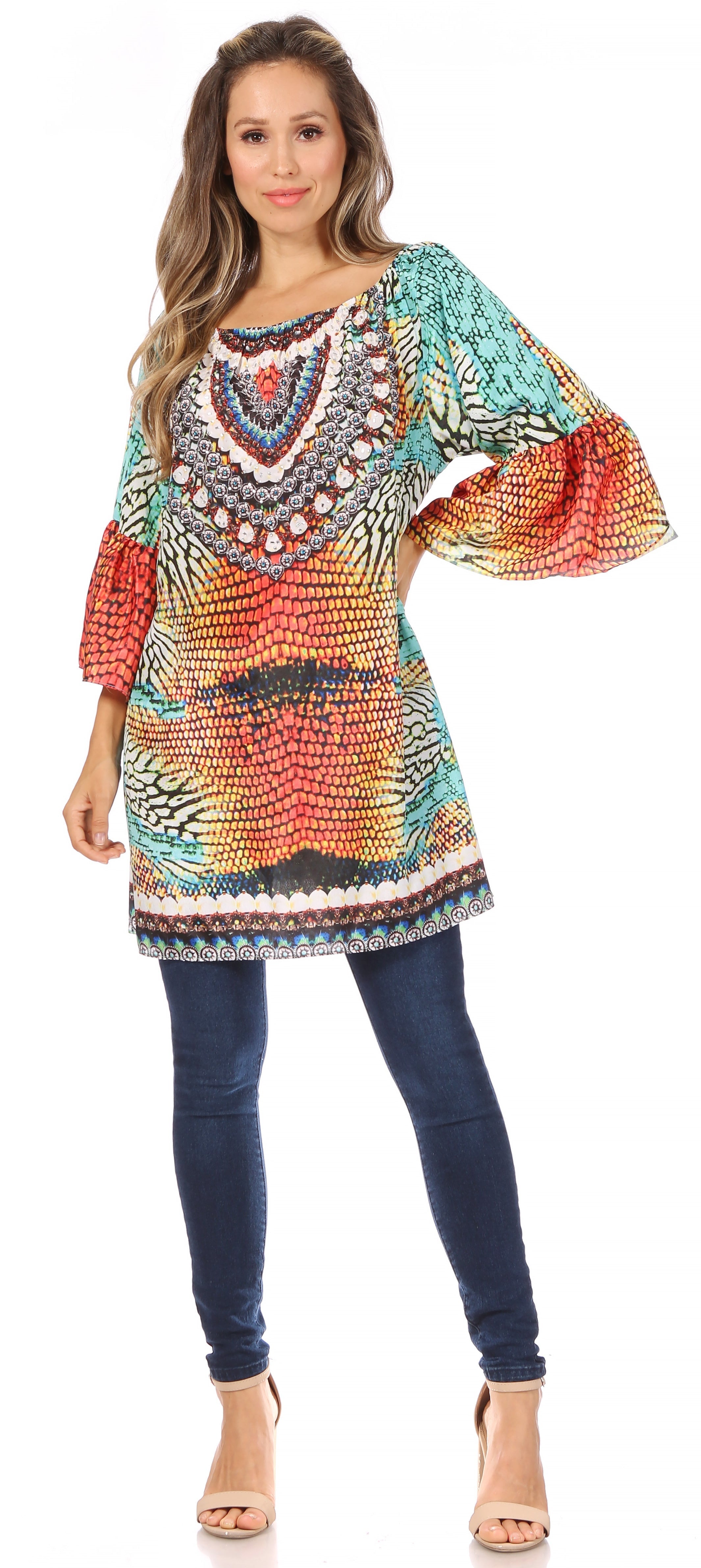 Sakkas - Inna Colorful Shift Dress Tunic with Bell Ruffled Sleeves & Rhinestones