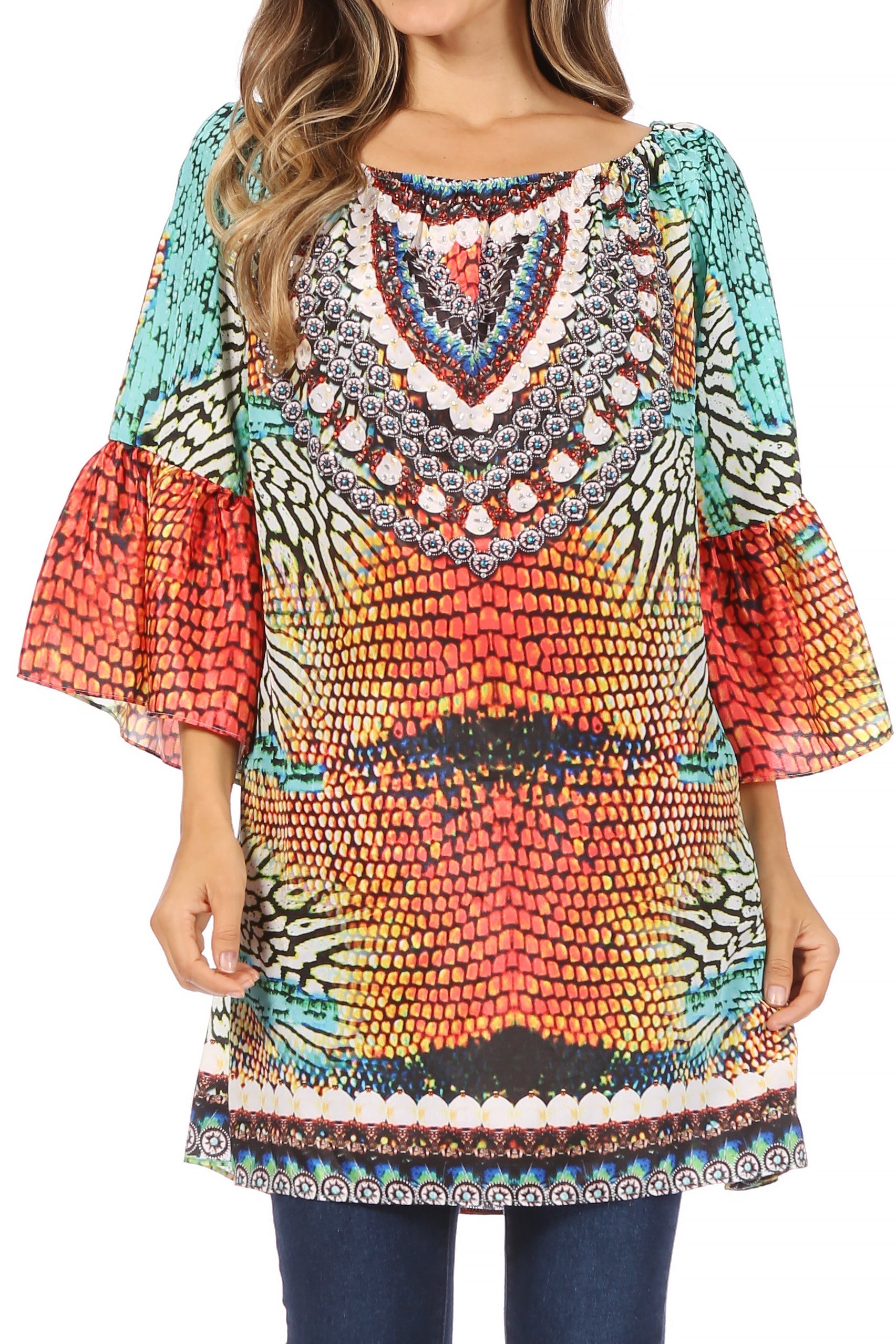 Sakkas - Inna Colorful Shift Dress Tunic with Bell Ruffled Sleeves & Rhinestones