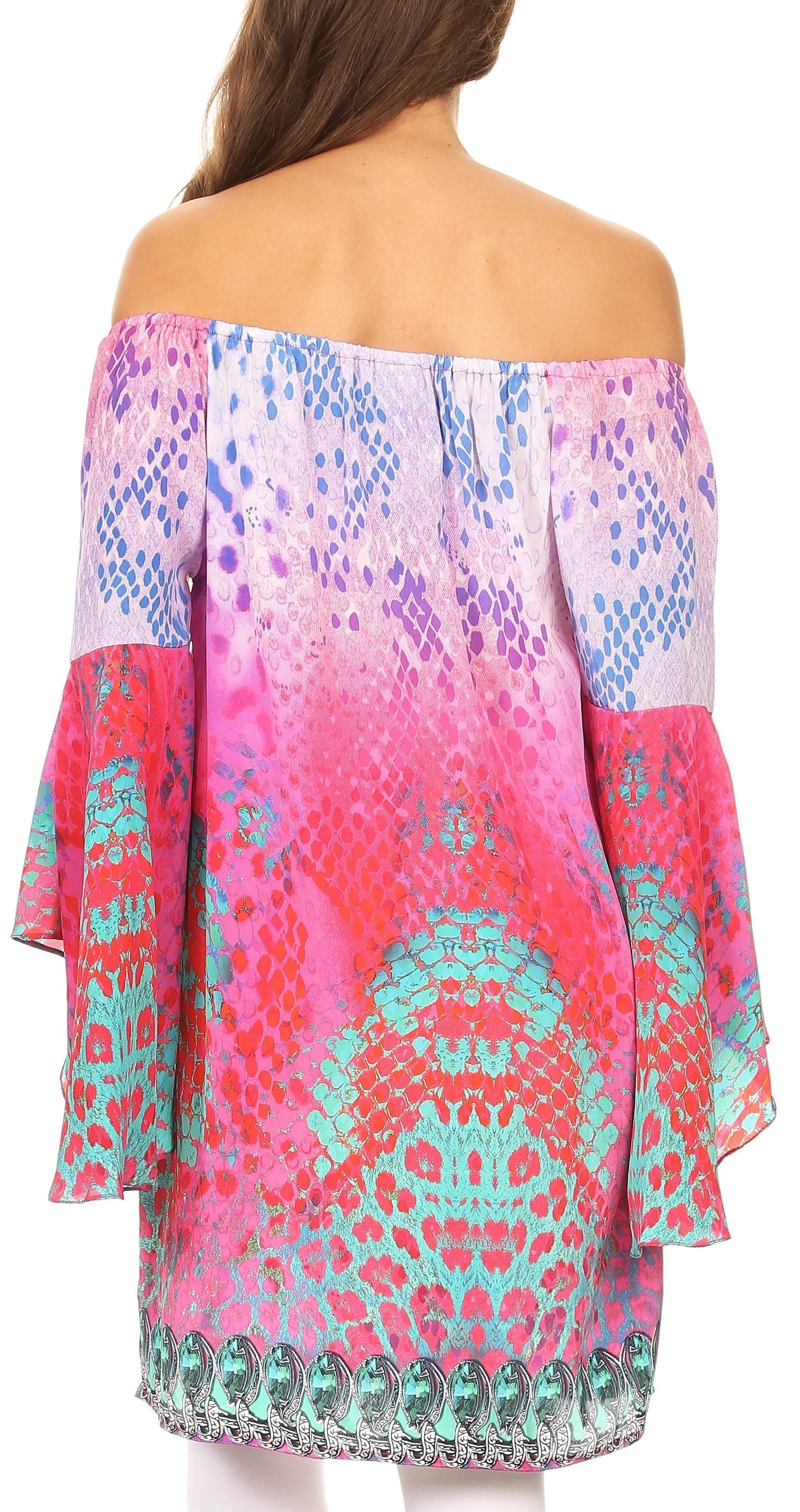 Sakkas - Inna Colorful Shift Dress Tunic with Bell Ruffled Sleeves & Rhinestones