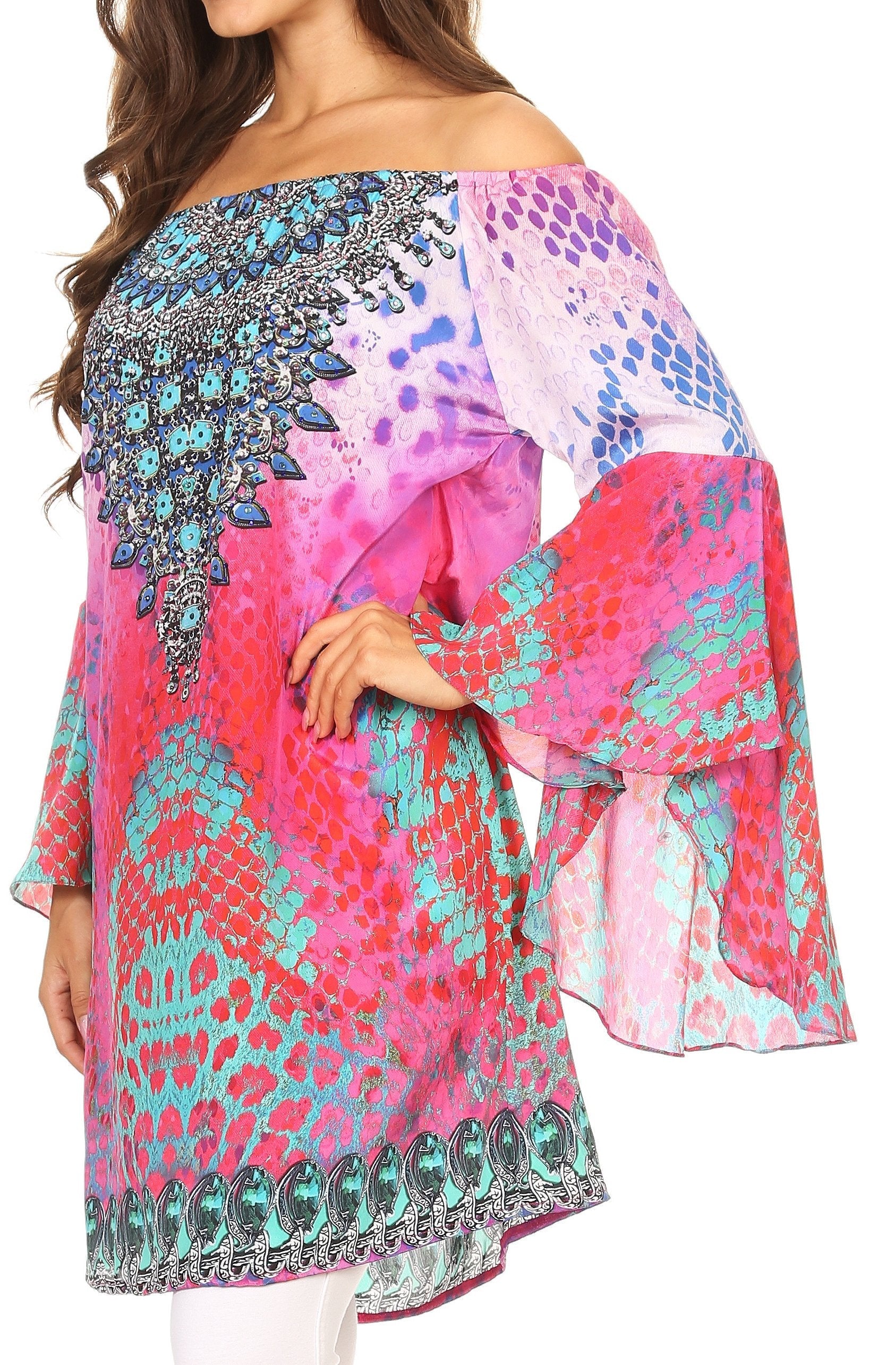 Sakkas - Inna Colorful Shift Dress Tunic with Bell Ruffled Sleeves & Rhinestones