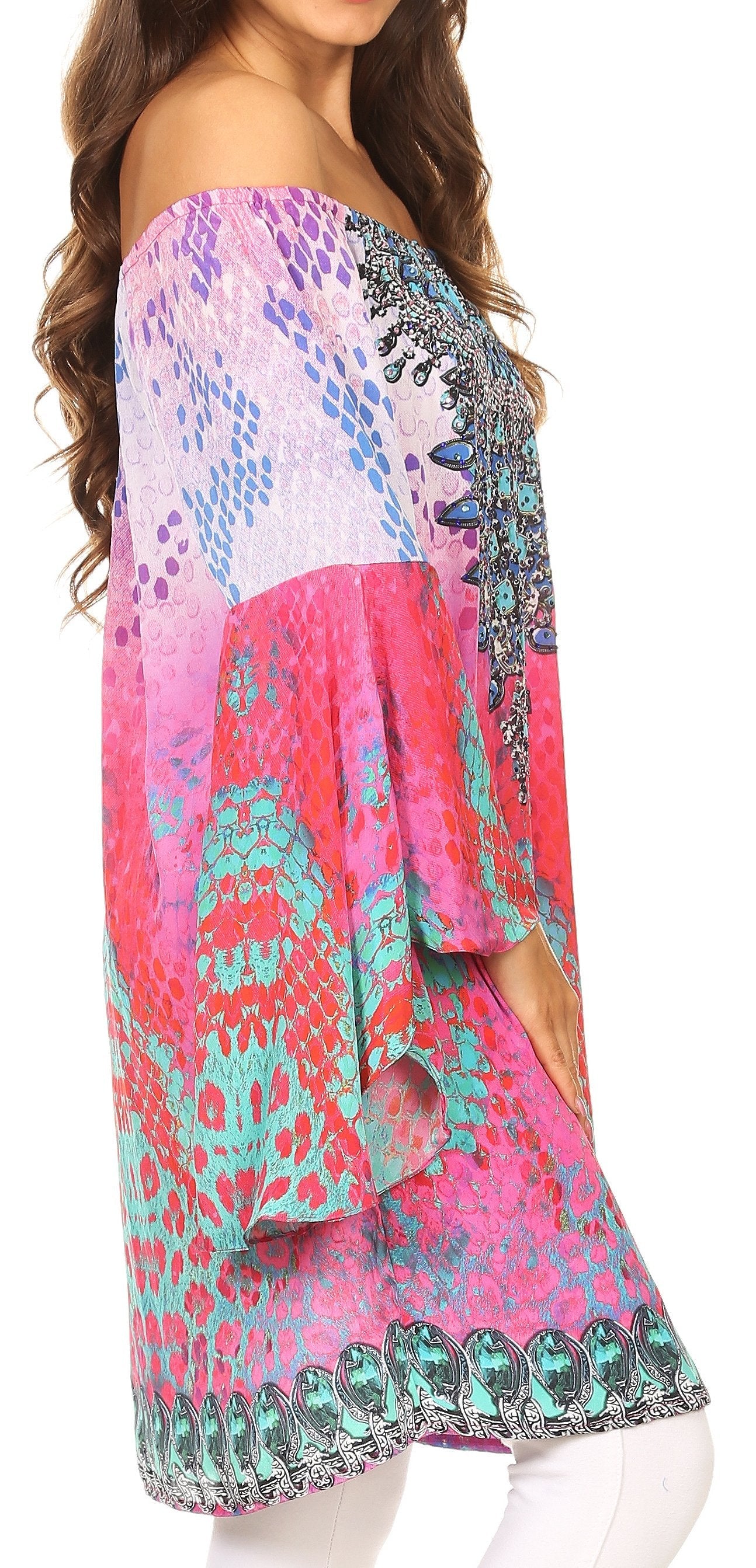 Sakkas - Inna Colorful Shift Dress Tunic with Bell Ruffled Sleeves & Rhinestones
