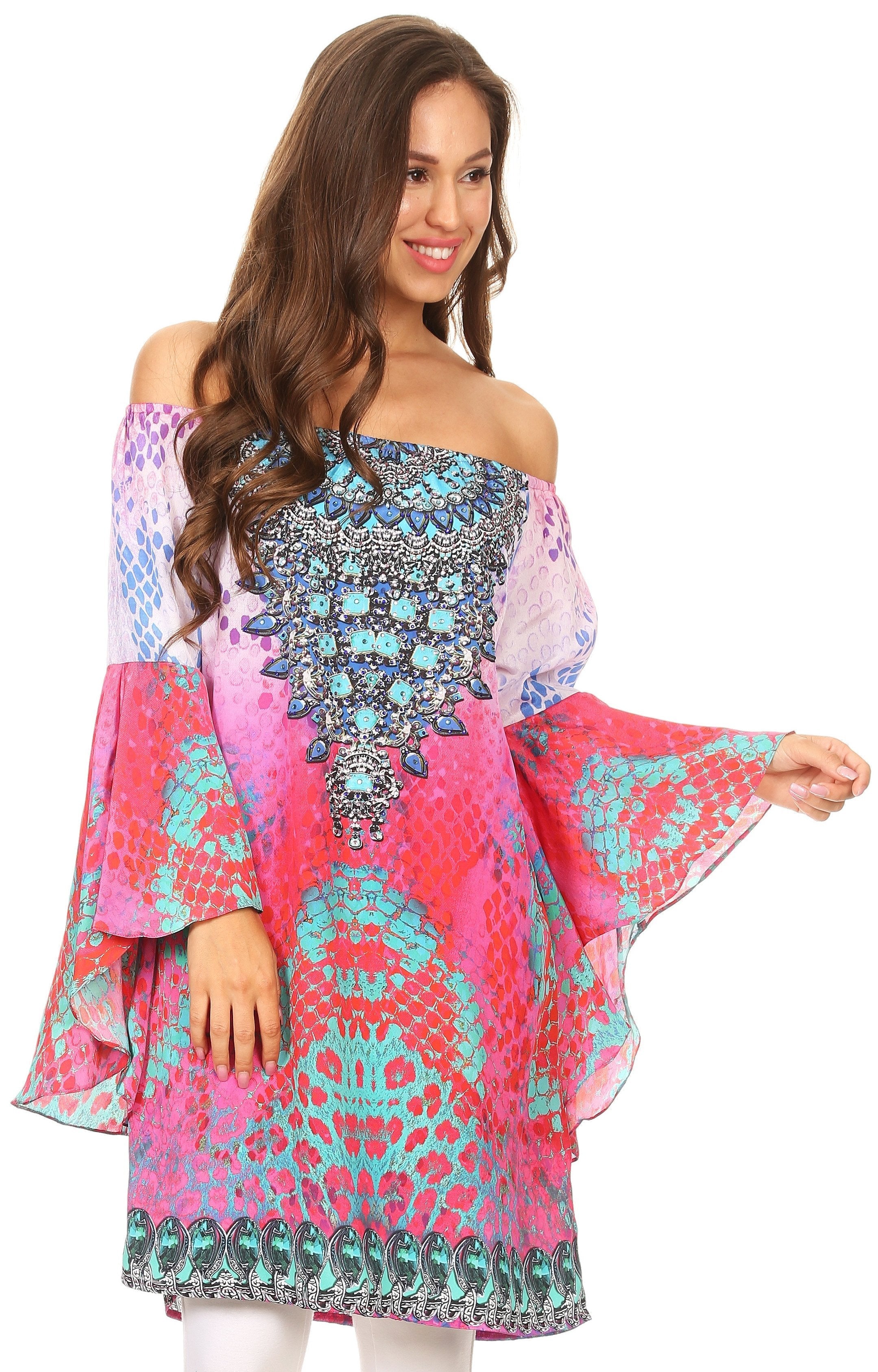 Sakkas - Inna Colorful Shift Dress Tunic with Bell Ruffled Sleeves & Rhinestones