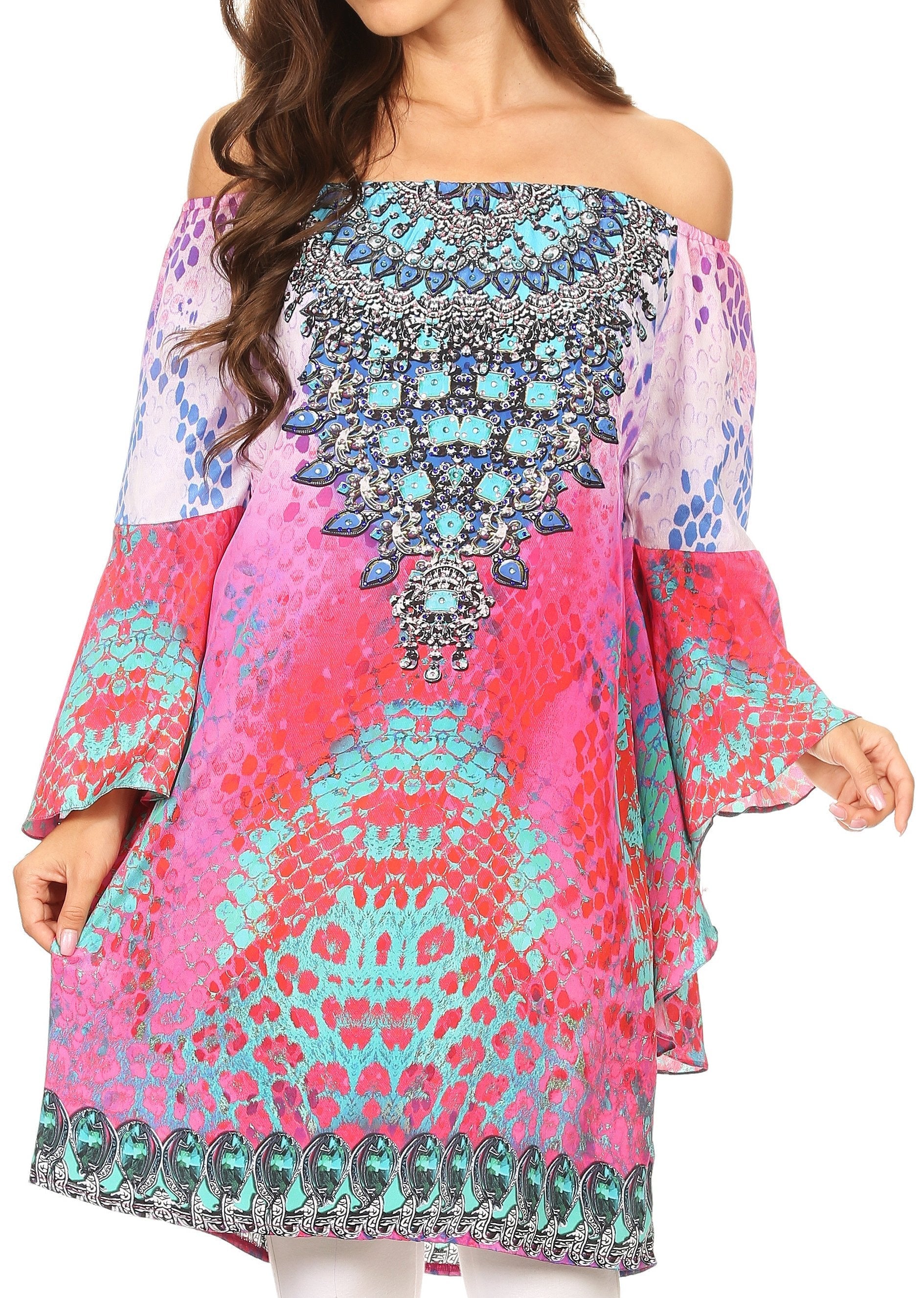 Sakkas - Inna Colorful Shift Dress Tunic with Bell Ruffled Sleeves & Rhinestones