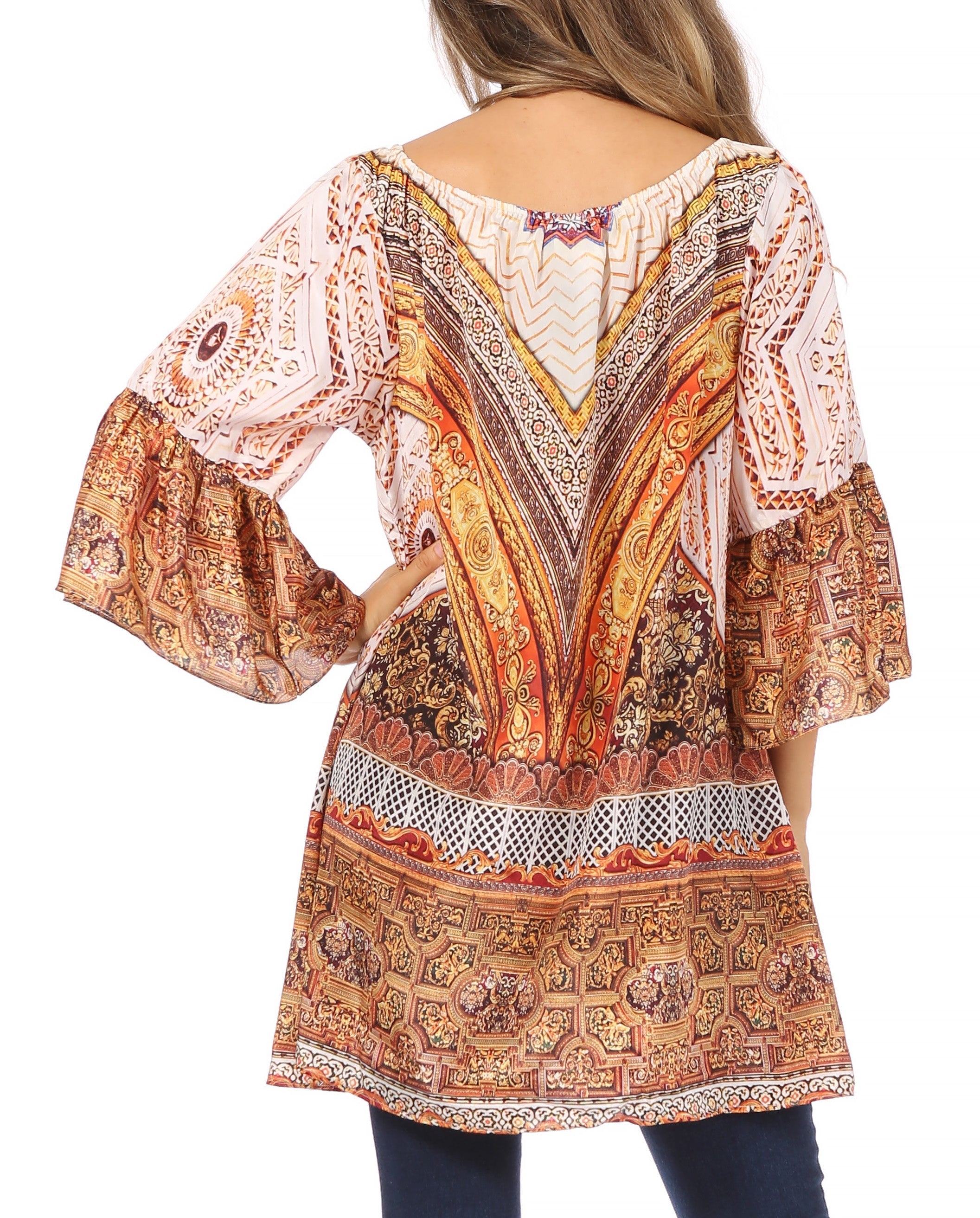 Sakkas - Inna Colorful Shift Dress Tunic with Bell Ruffled Sleeves & Rhinestones