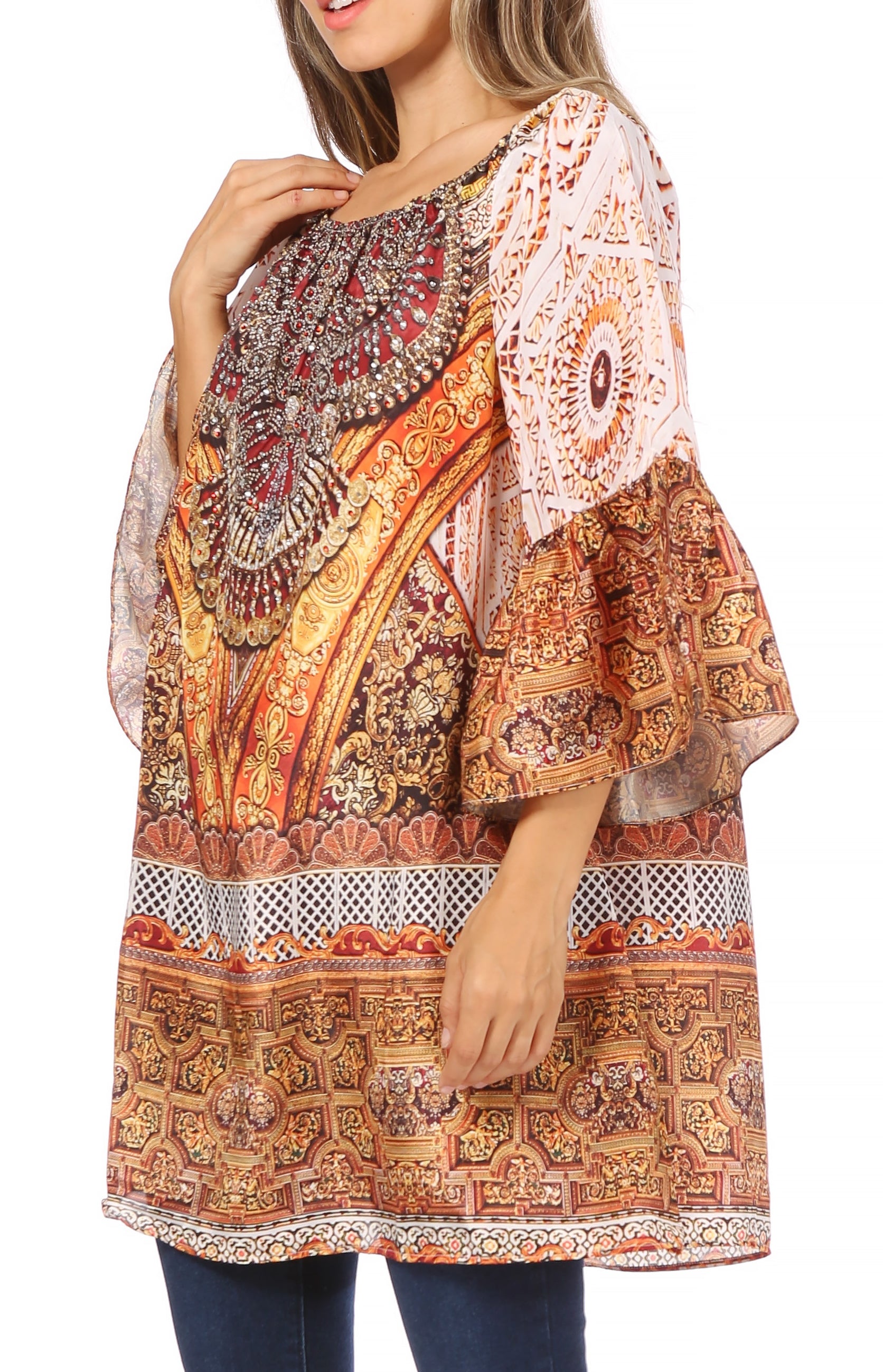 Sakkas - Inna Colorful Shift Dress Tunic with Bell Ruffled Sleeves & Rhinestones