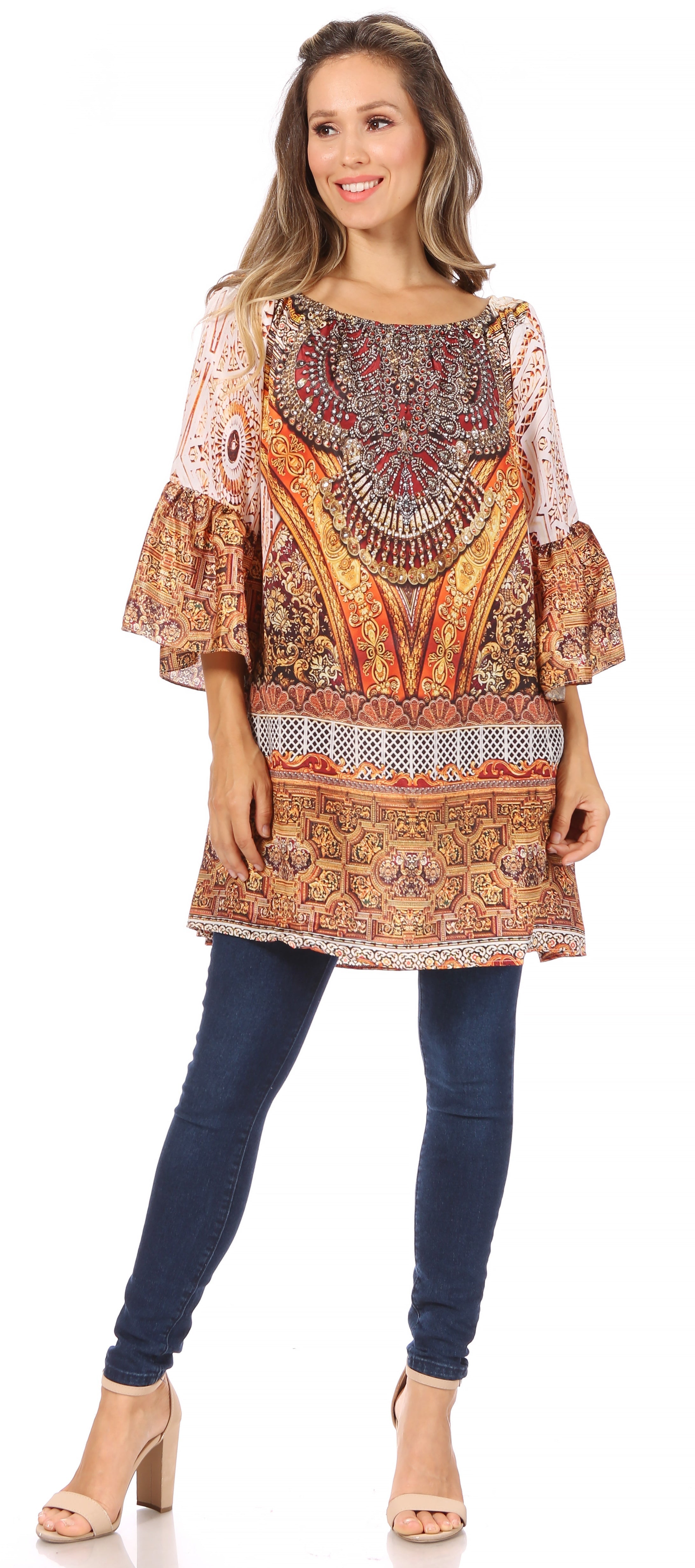 Sakkas - Inna Colorful Shift Dress Tunic with Bell Ruffled Sleeves & Rhinestones