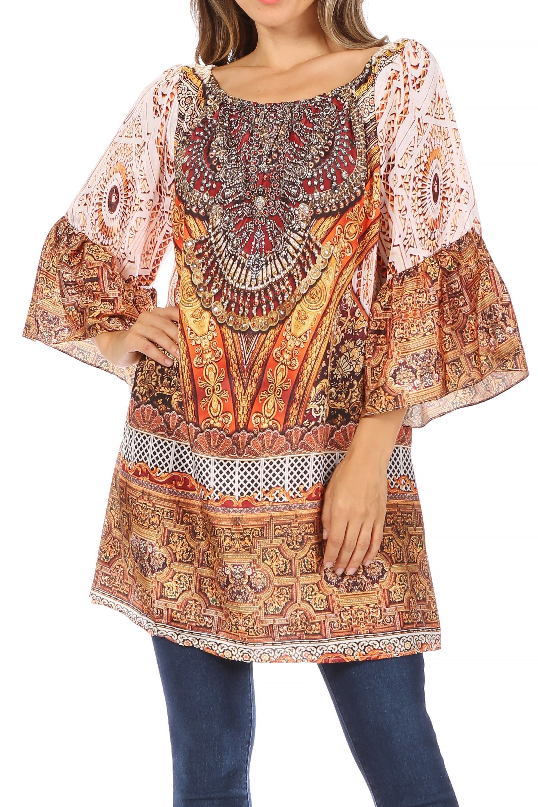 Sakkas - Inna Colorful Shift Dress Tunic with Bell Ruffled Sleeves & Rhinestones