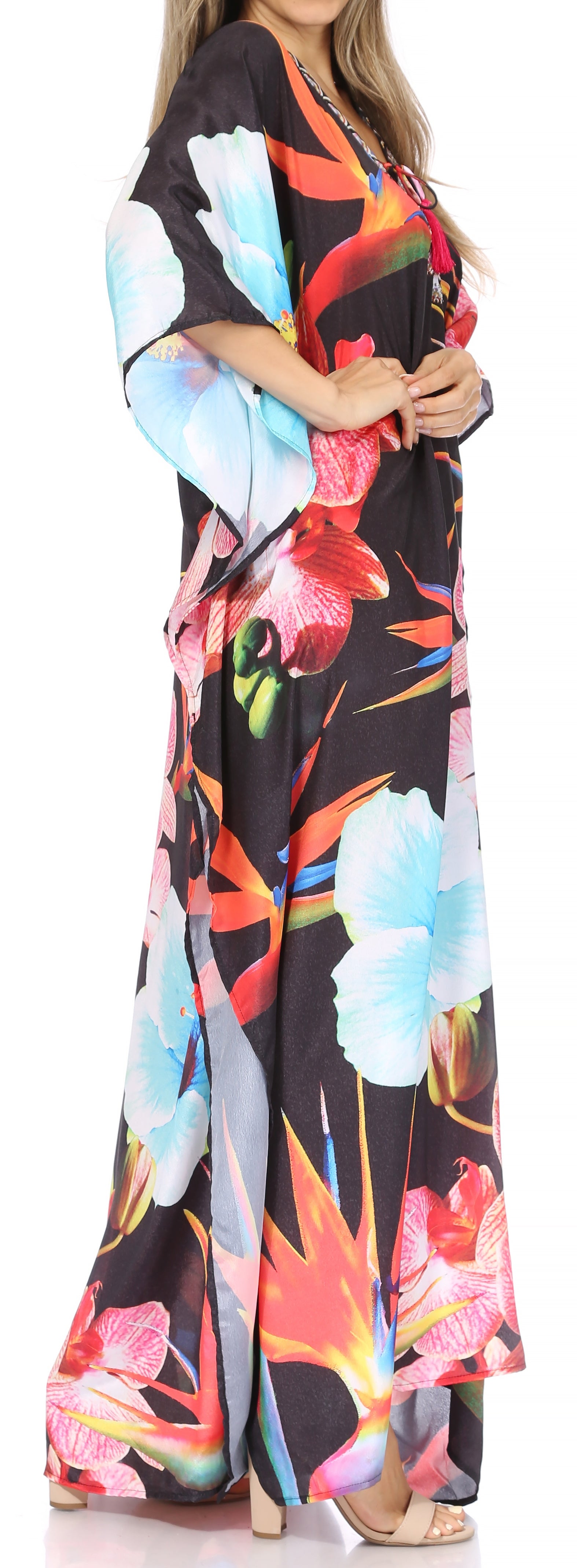 Sakkas Georgettina Flowy Rhinestone V Neck Long Caftan