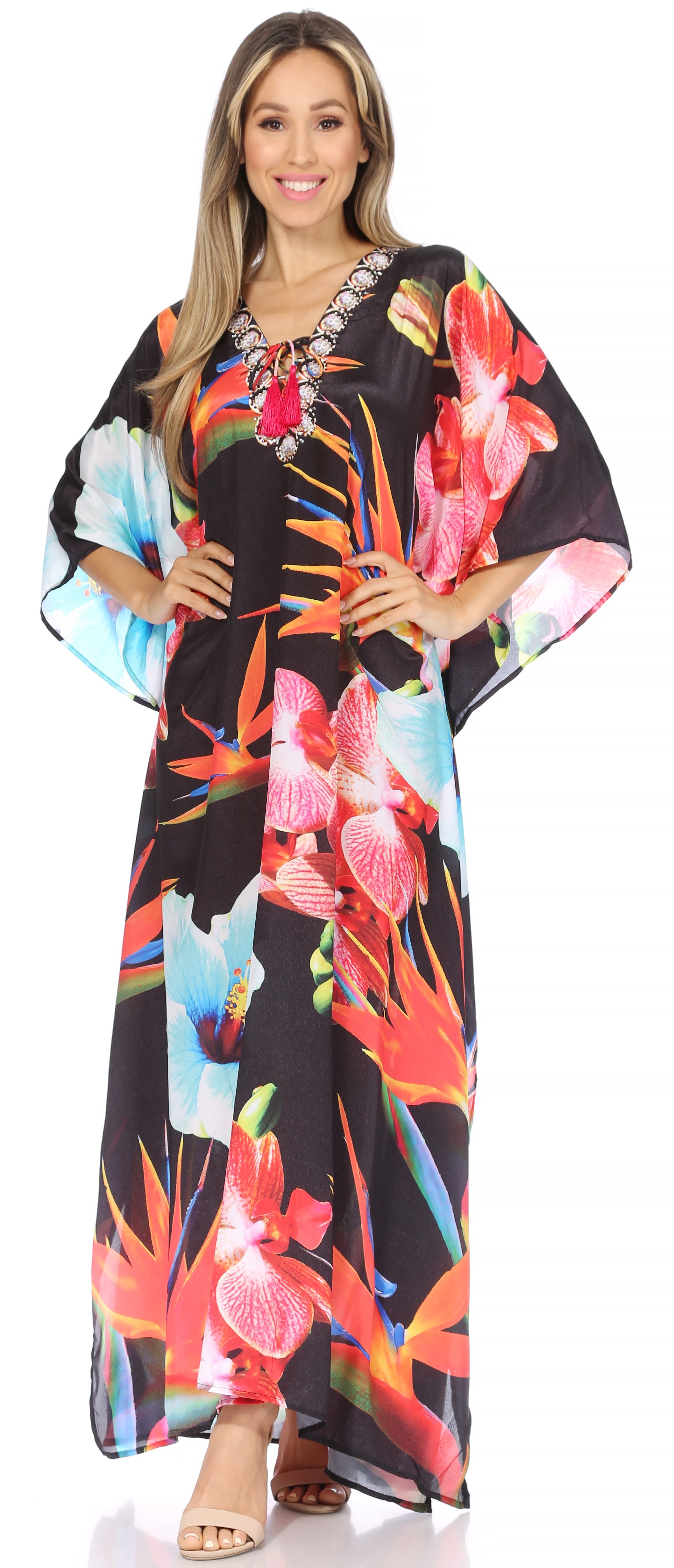 Sakkas Georgettina Flowy Rhinestone V Neck Long Caftan