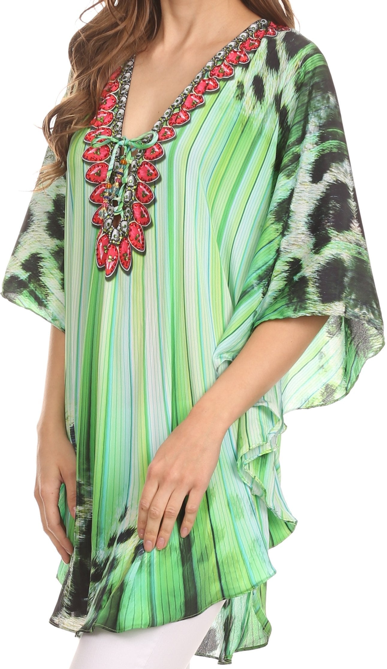 Sakkas - Tallulah Wide Circle Blouse V Neck Top With Tassle Ties And Rhinestones