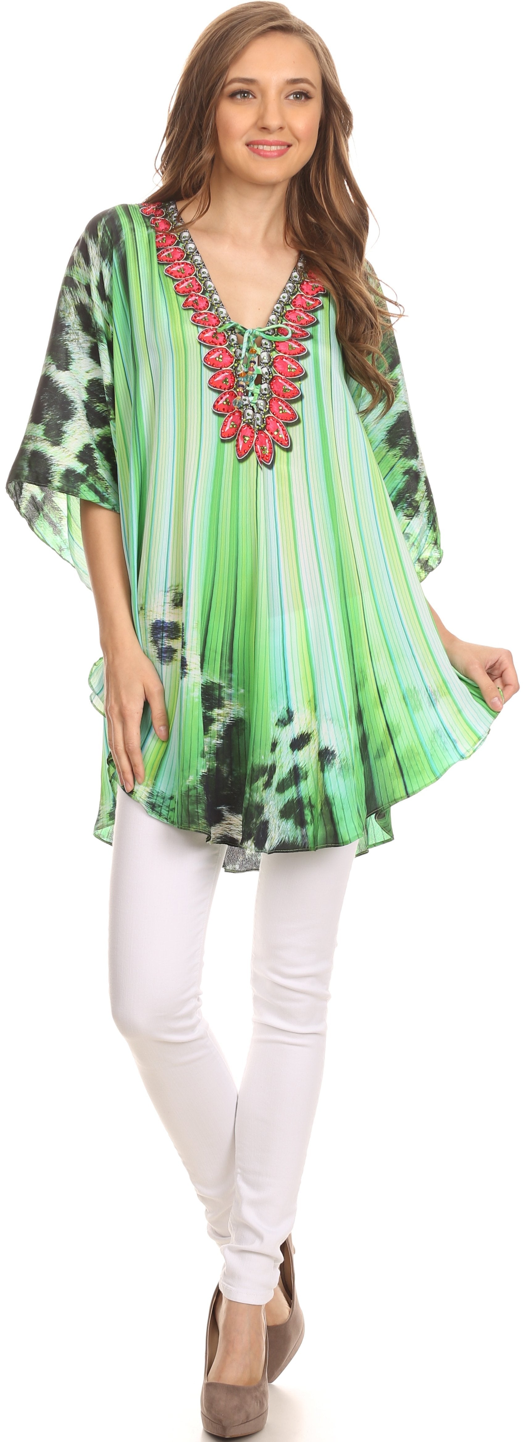 Sakkas - Tallulah Wide Circle Blouse V Neck Top With Tassle Ties And Rhinestones