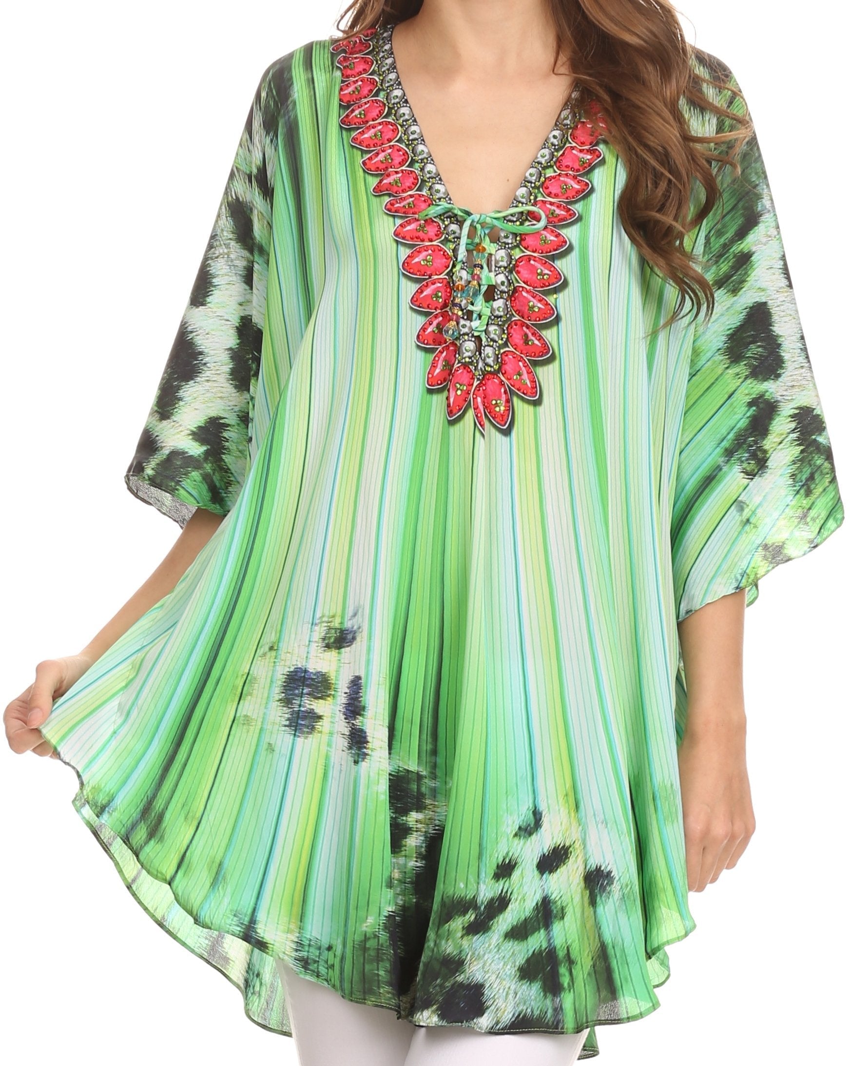 Sakkas - Tallulah Wide Circle Blouse V Neck Top With Tassle Ties And Rhinestones