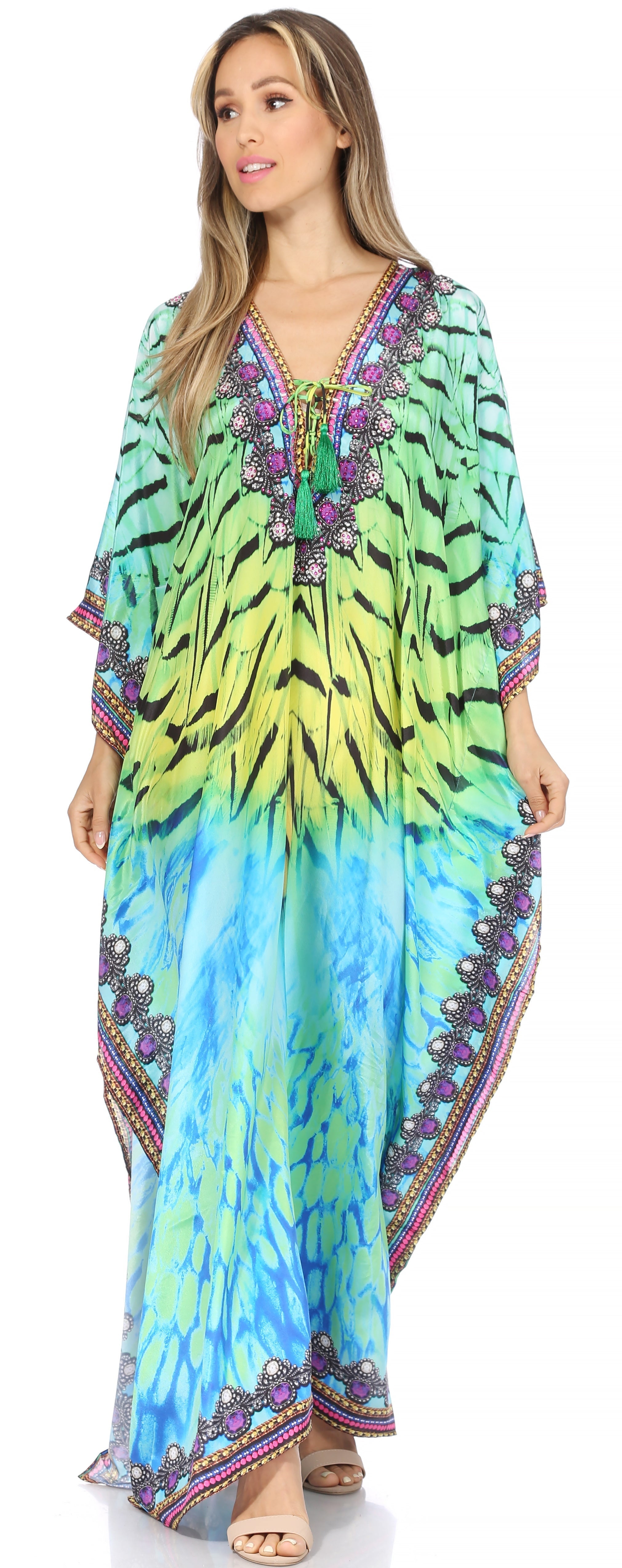 Sakkas Georgettina Flowy Rhinestone V Neck Long Caftan