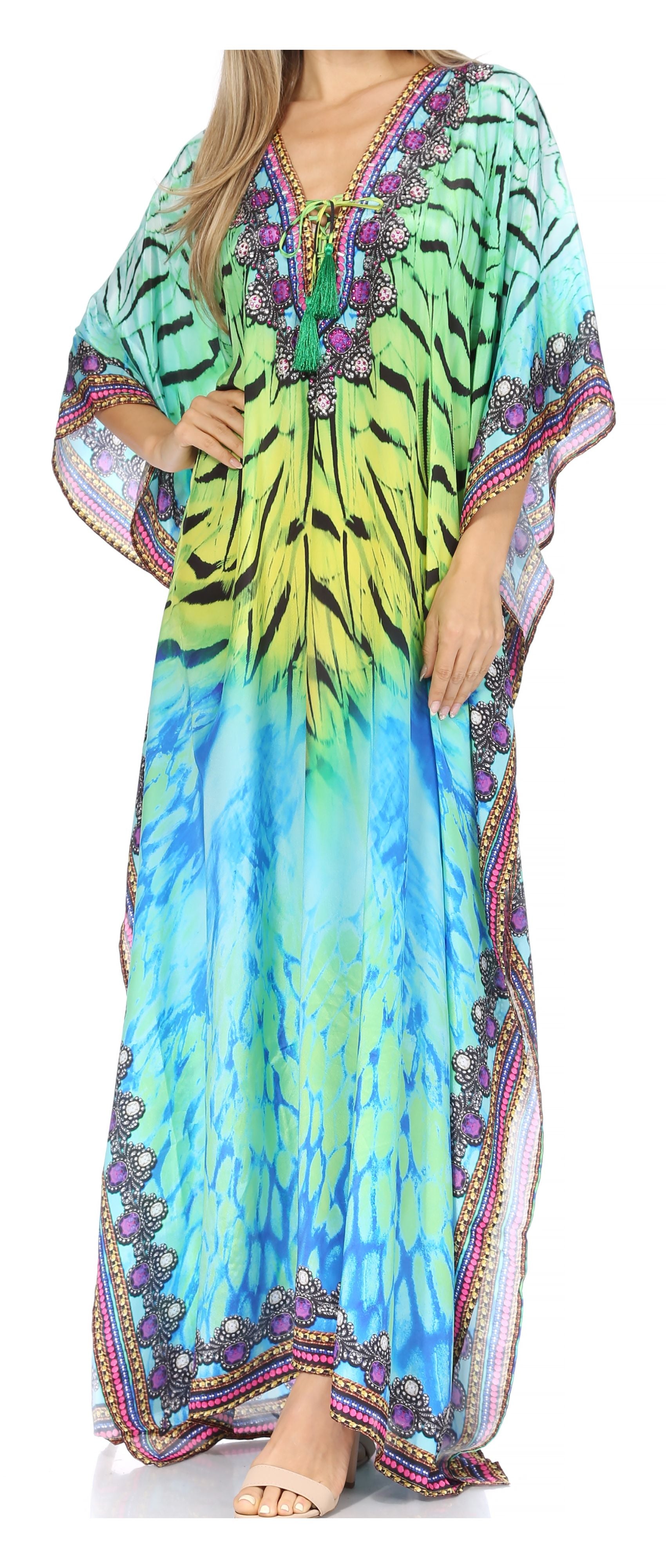 Sakkas Georgettina Flowy Rhinestone V Neck Long Caftan