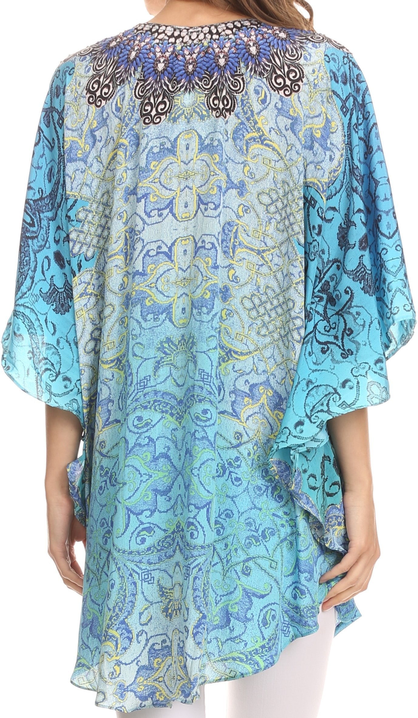 Sakkas - Tallulah Wide Circle Blouse V Neck Top With Tassle Ties And Rhinestones