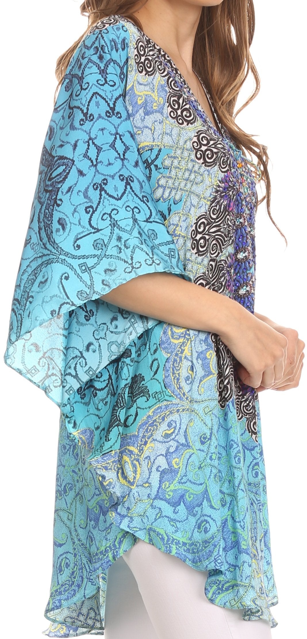 Sakkas - Tallulah Wide Circle Blouse V Neck Top With Tassle Ties And Rhinestones