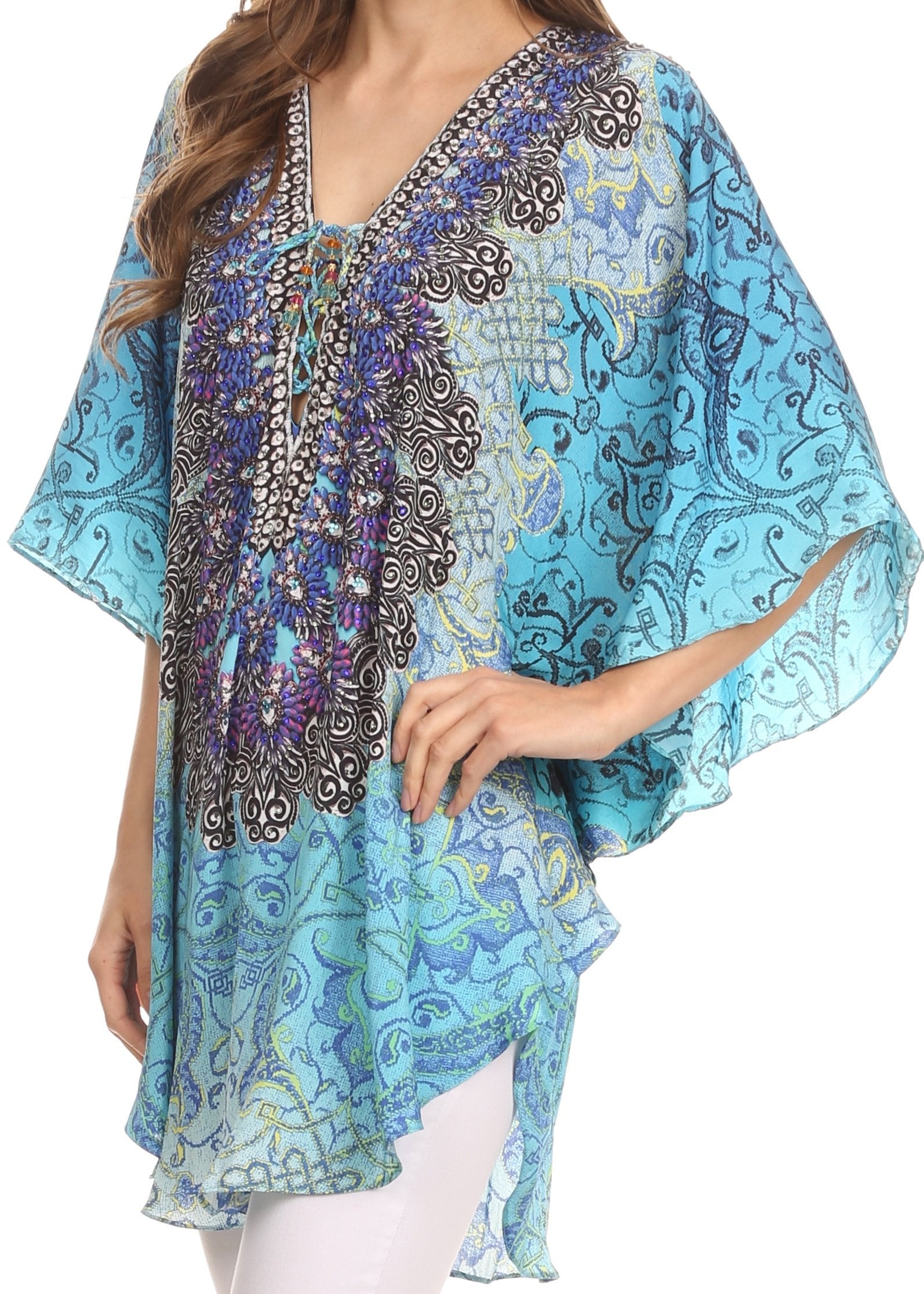 Sakkas - Tallulah Wide Circle Blouse V Neck Top With Tassle Ties And Rhinestones