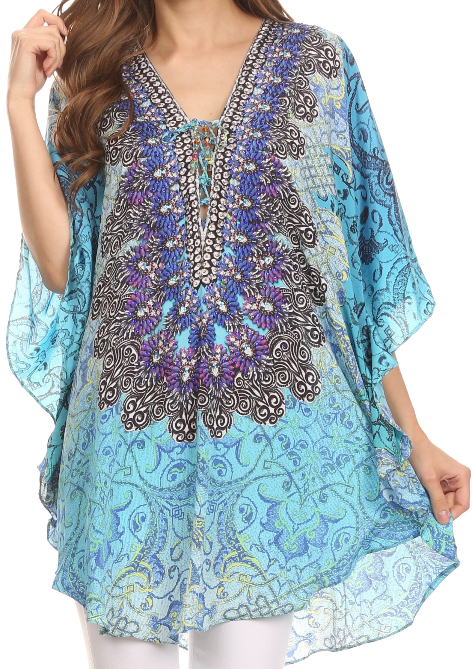 Sakkas - Tallulah Wide Circle Blouse V Neck Top With Tassle Ties And Rhinestones