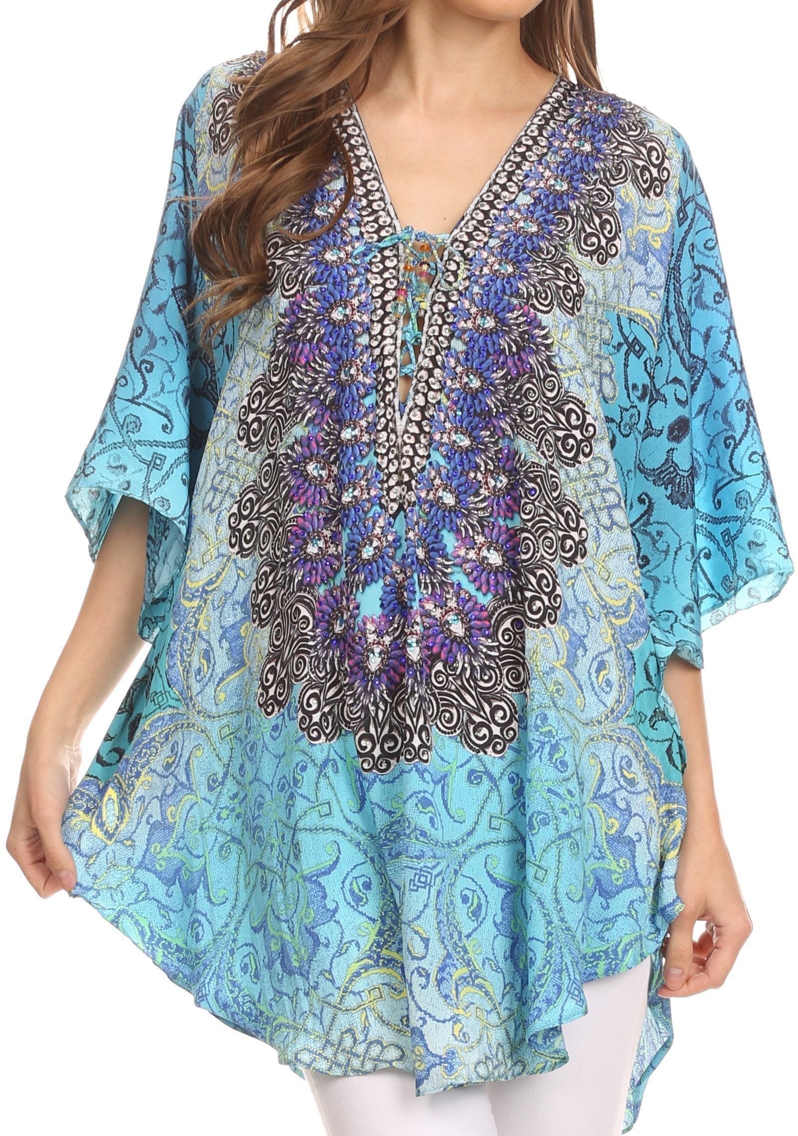 Sakkas - Tallulah Wide Circle Blouse V Neck Top With Tassle Ties And Rhinestones