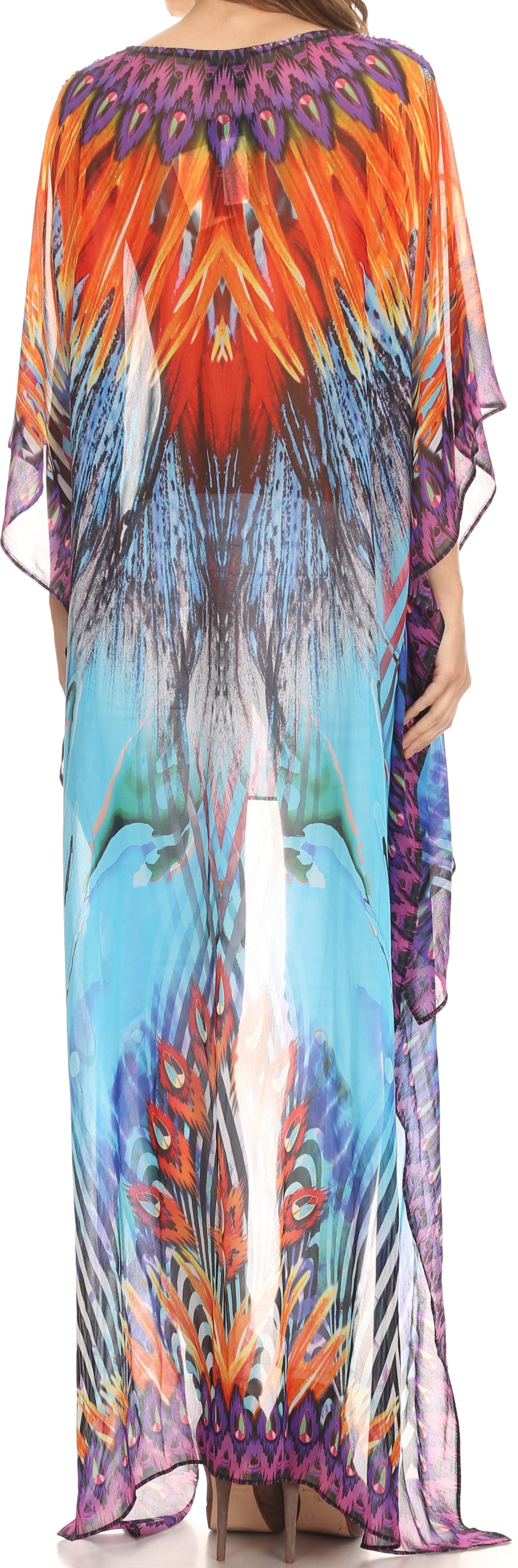 Colorful tie-dye dress with a pattern of orange, blue, and purple on a plain background.