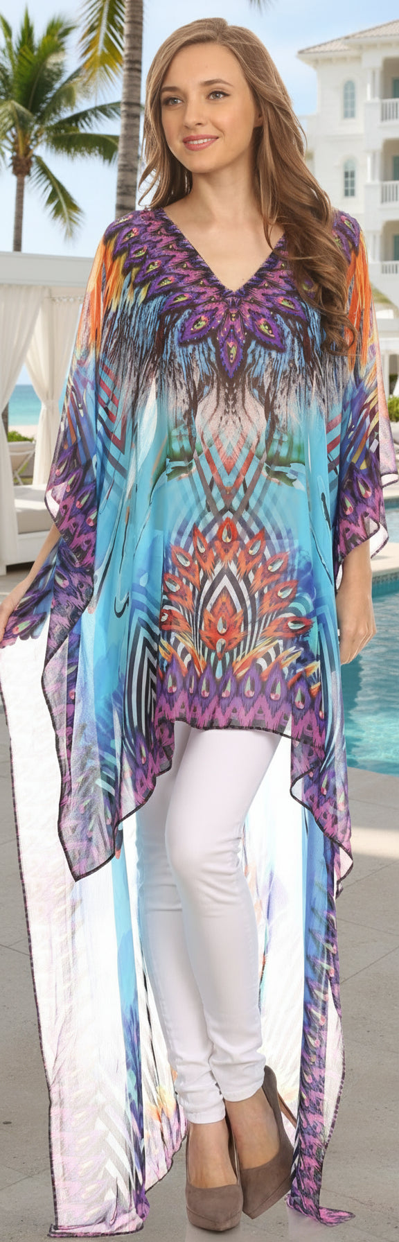 Woman wearing a colorful patterned kimono over a white outfit on a plain background