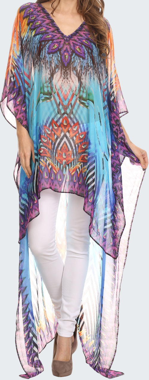 Colorful patterned dress with white pants on a white background