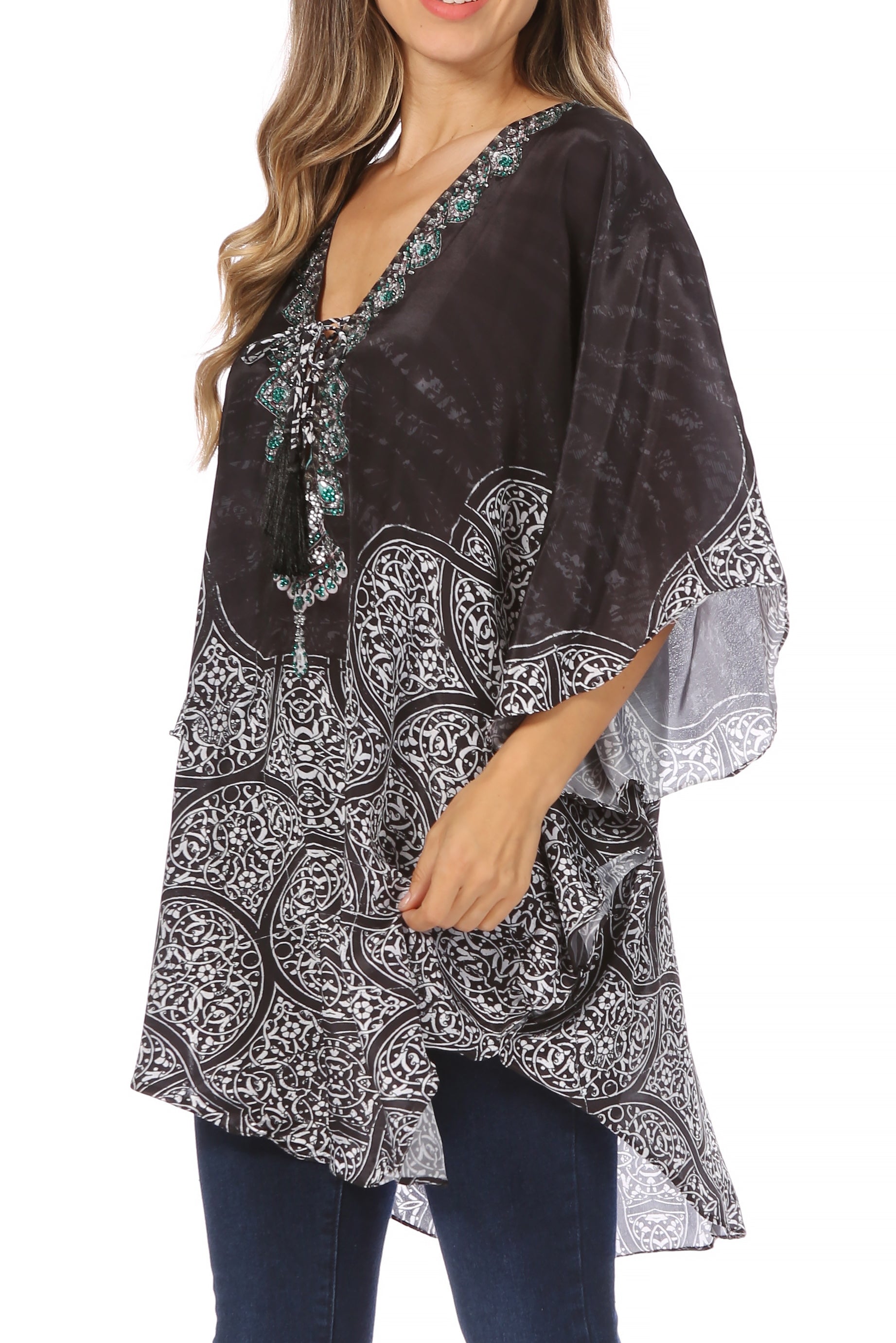 Sakkas - Tallulah Wide Circle Blouse V Neck Top With Tassle Ties And Rhinestones
