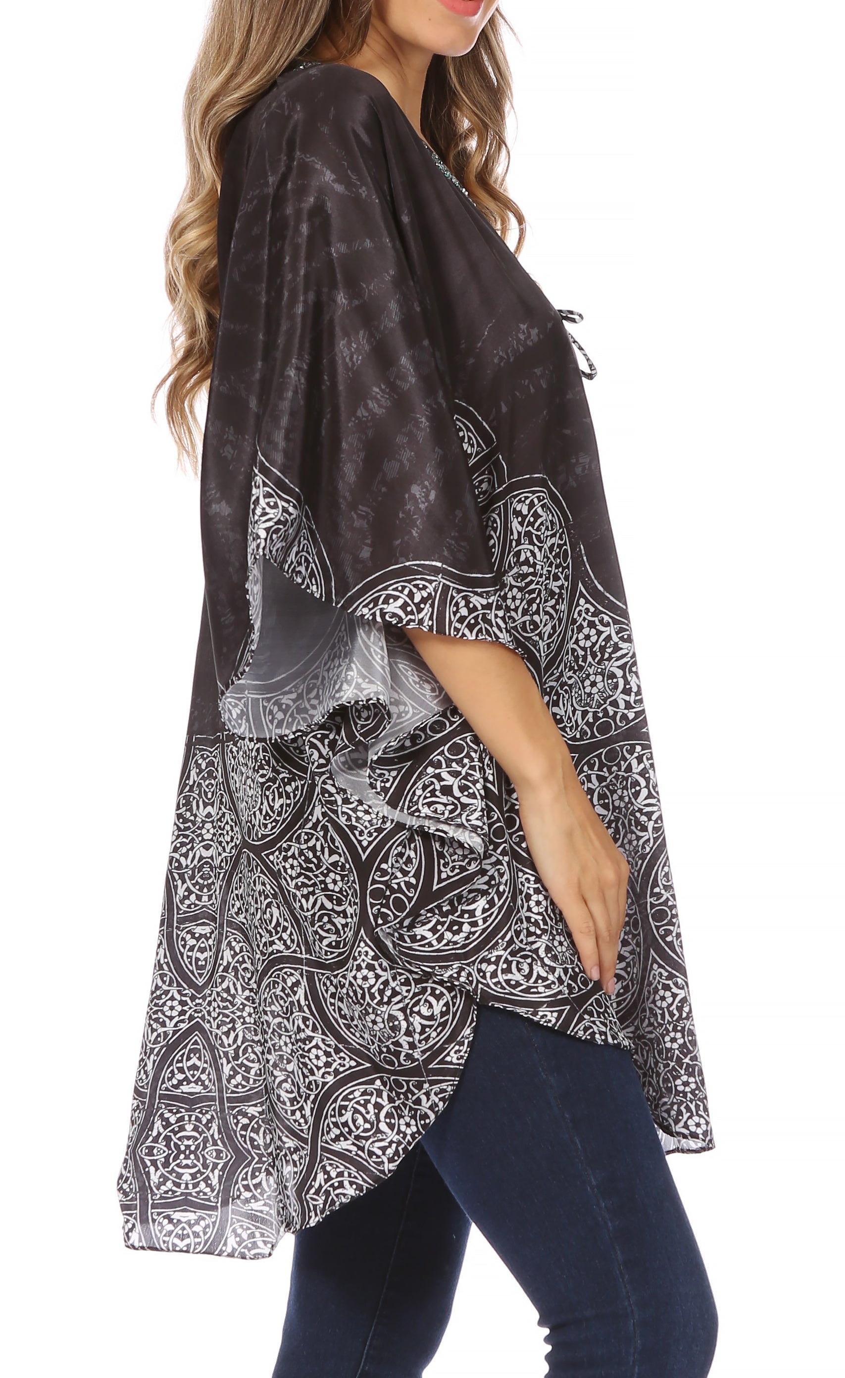 Sakkas - Tallulah Wide Circle Blouse V Neck Top With Tassle Ties And Rhinestones