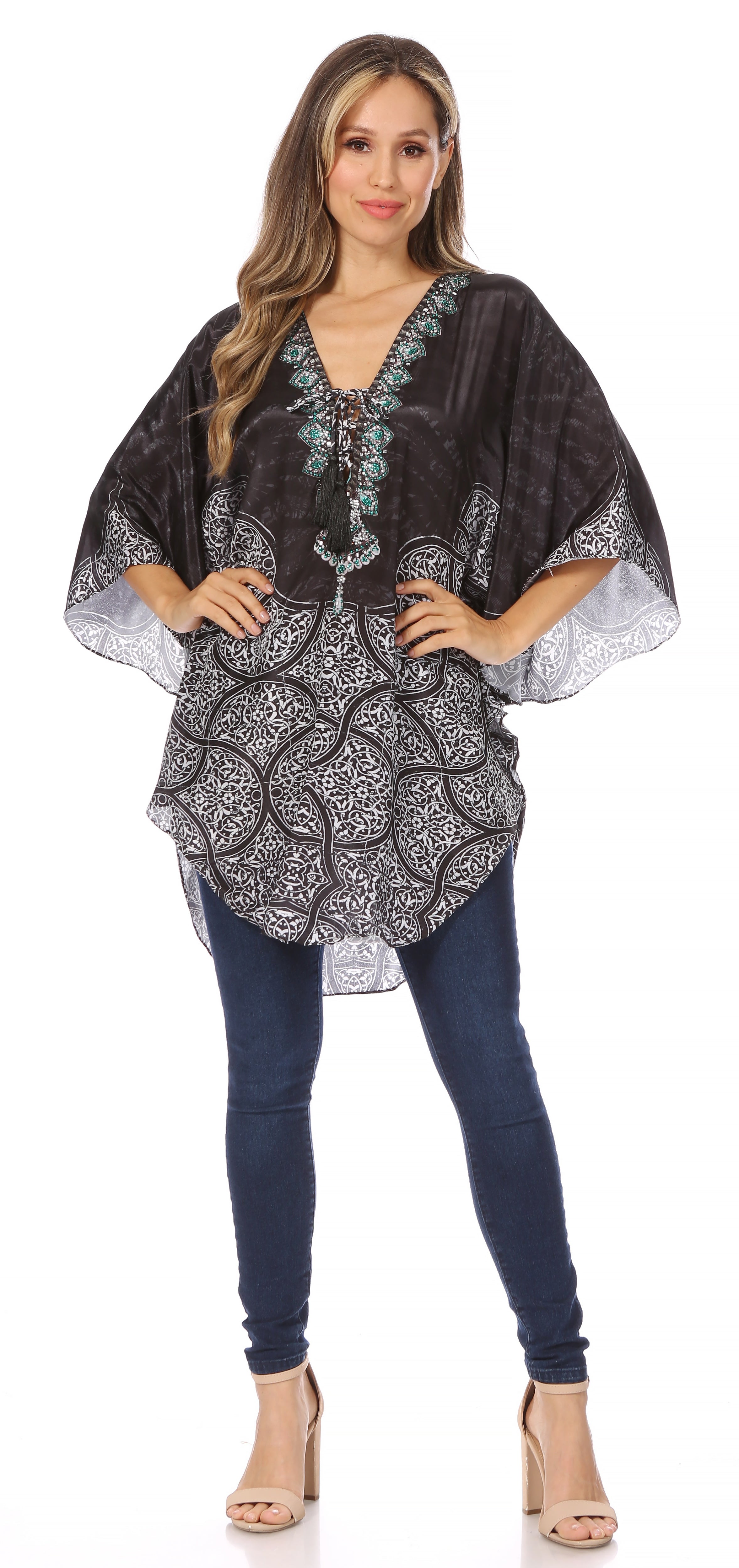 Sakkas - Tallulah Wide Circle Blouse V Neck Top With Tassle Ties And Rhinestones
