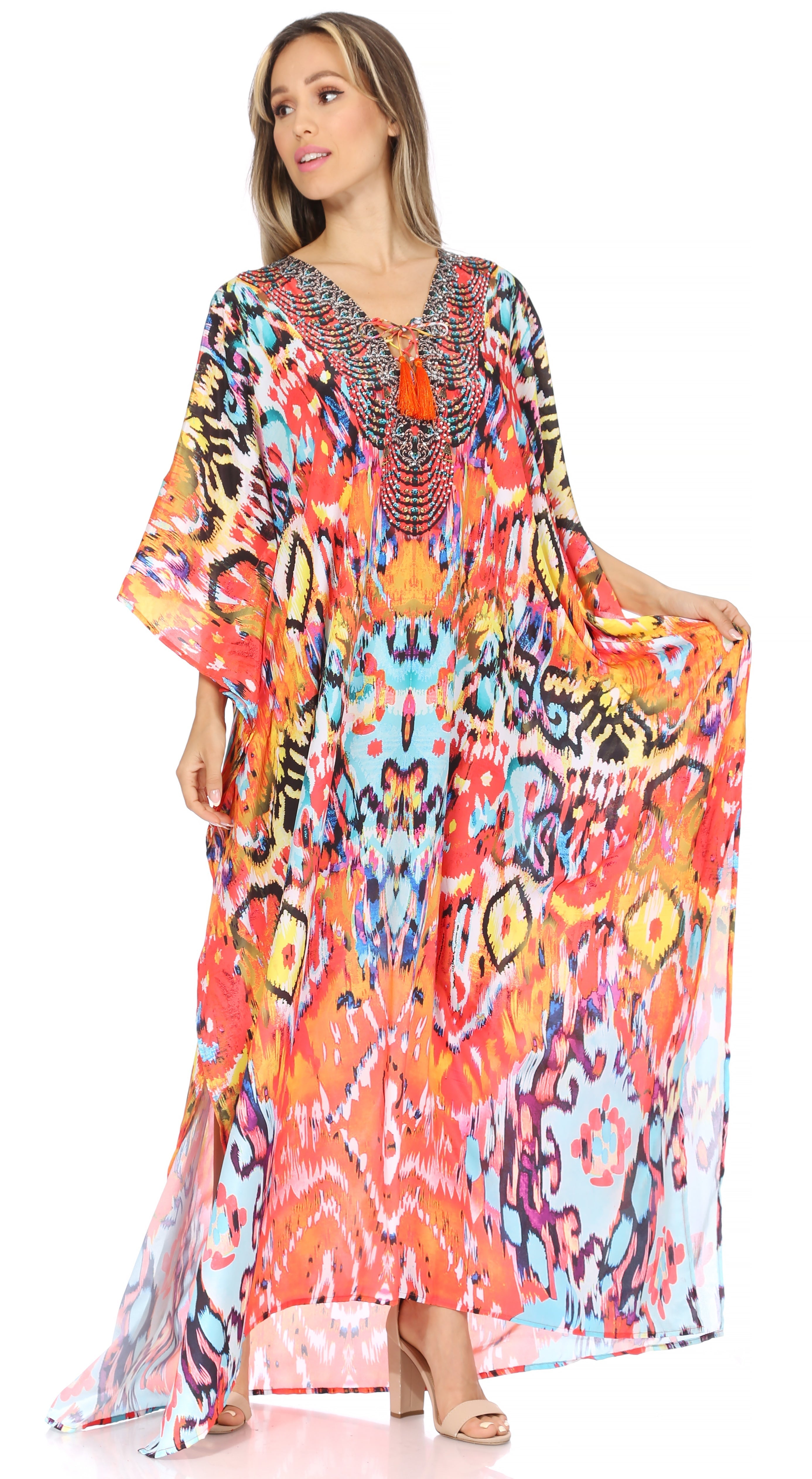 Sakkas Georgettina Flowy Rhinestone V Neck Long Caftan