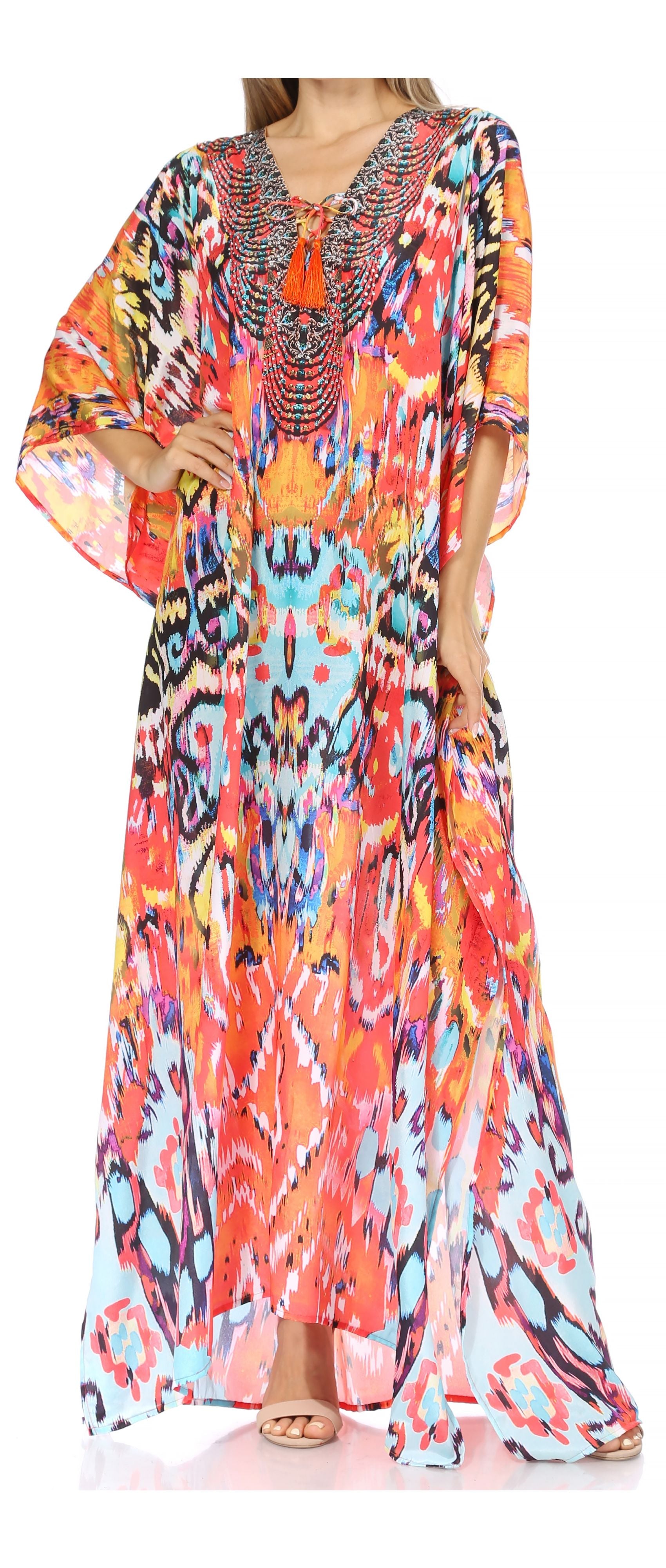 Sakkas Georgettina Flowy Rhinestone V Neck Long Caftan