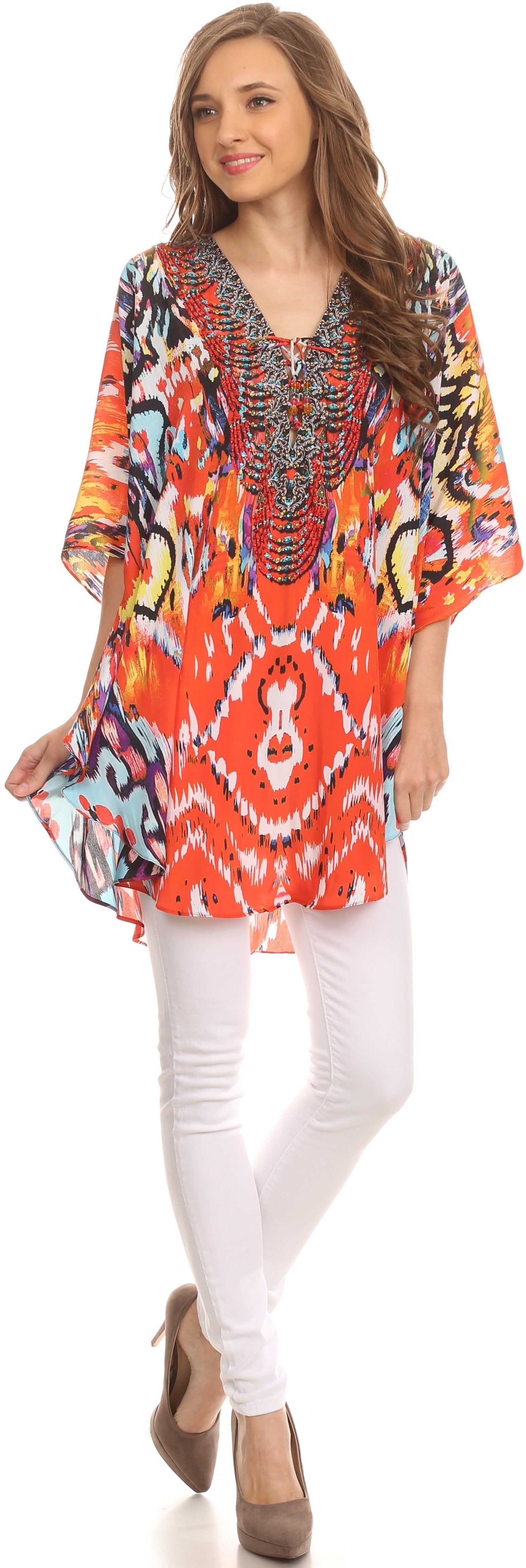 Sakkas - Tallulah Wide Circle Blouse V Neck Top With Tassle Ties And Rhinestones