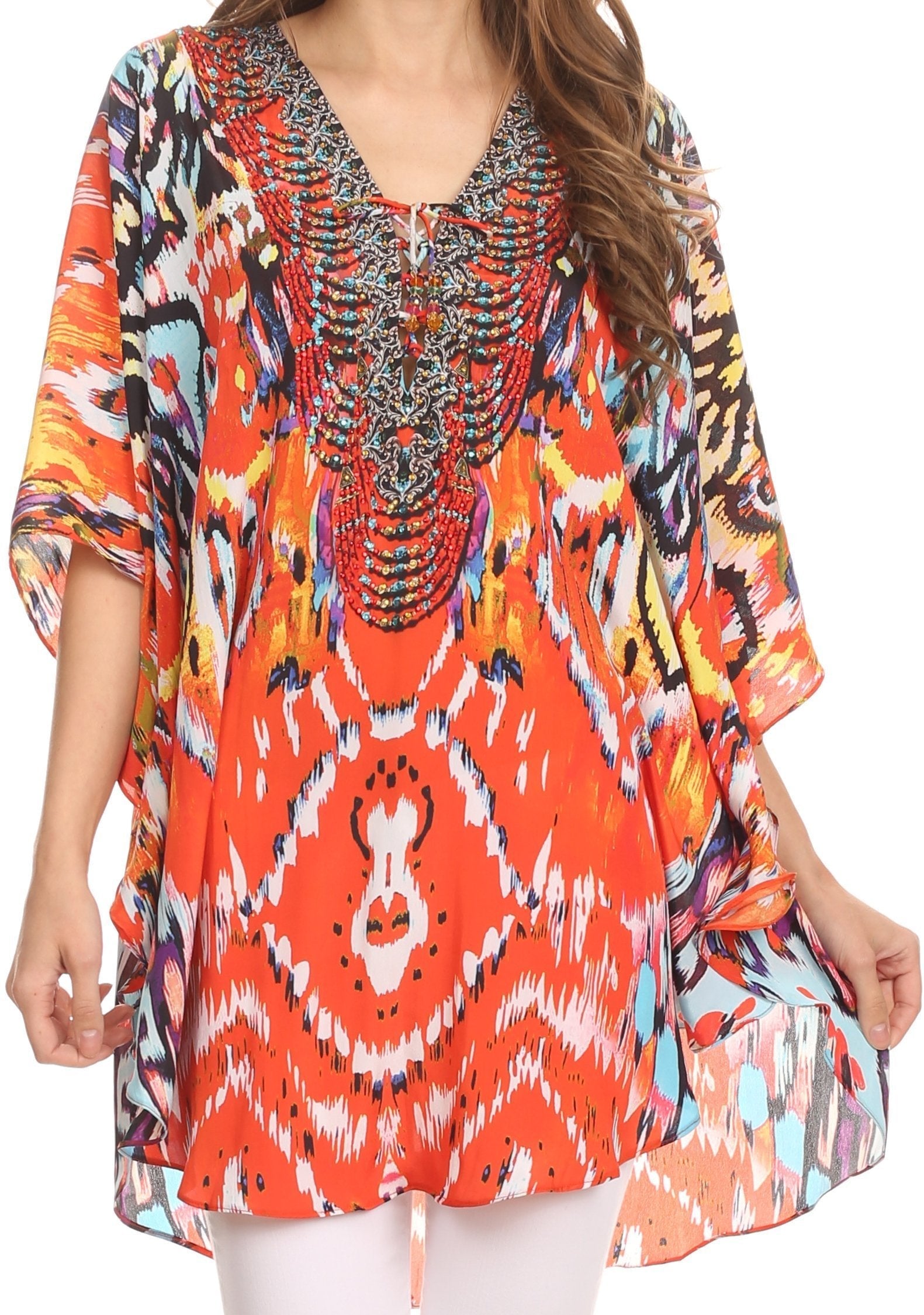 Sakkas - Tallulah Wide Circle Blouse V Neck Top With Tassle Ties And Rhinestones