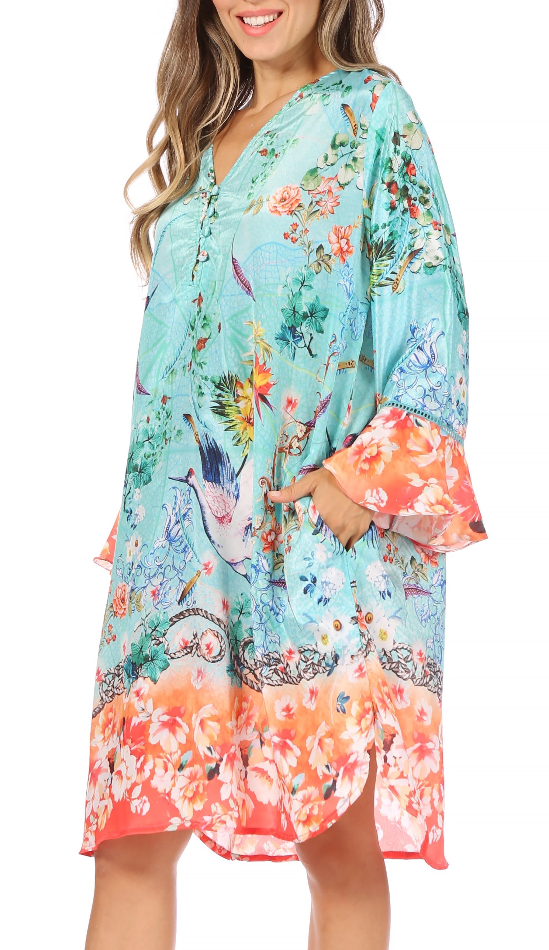 Sakkas - Ximena Floral Boho Cocktail Dress Tunic Cover-up V neck
