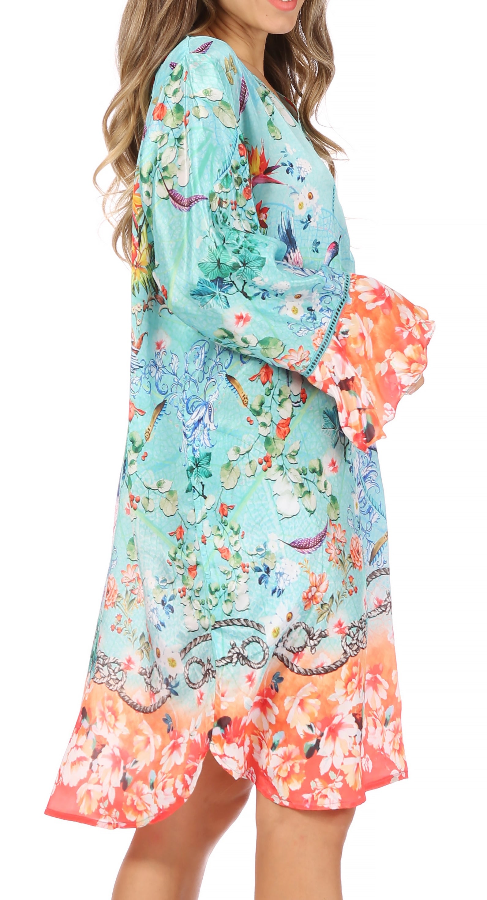 Sakkas - Ximena Floral Boho Cocktail Dress Tunic Cover-up V neck