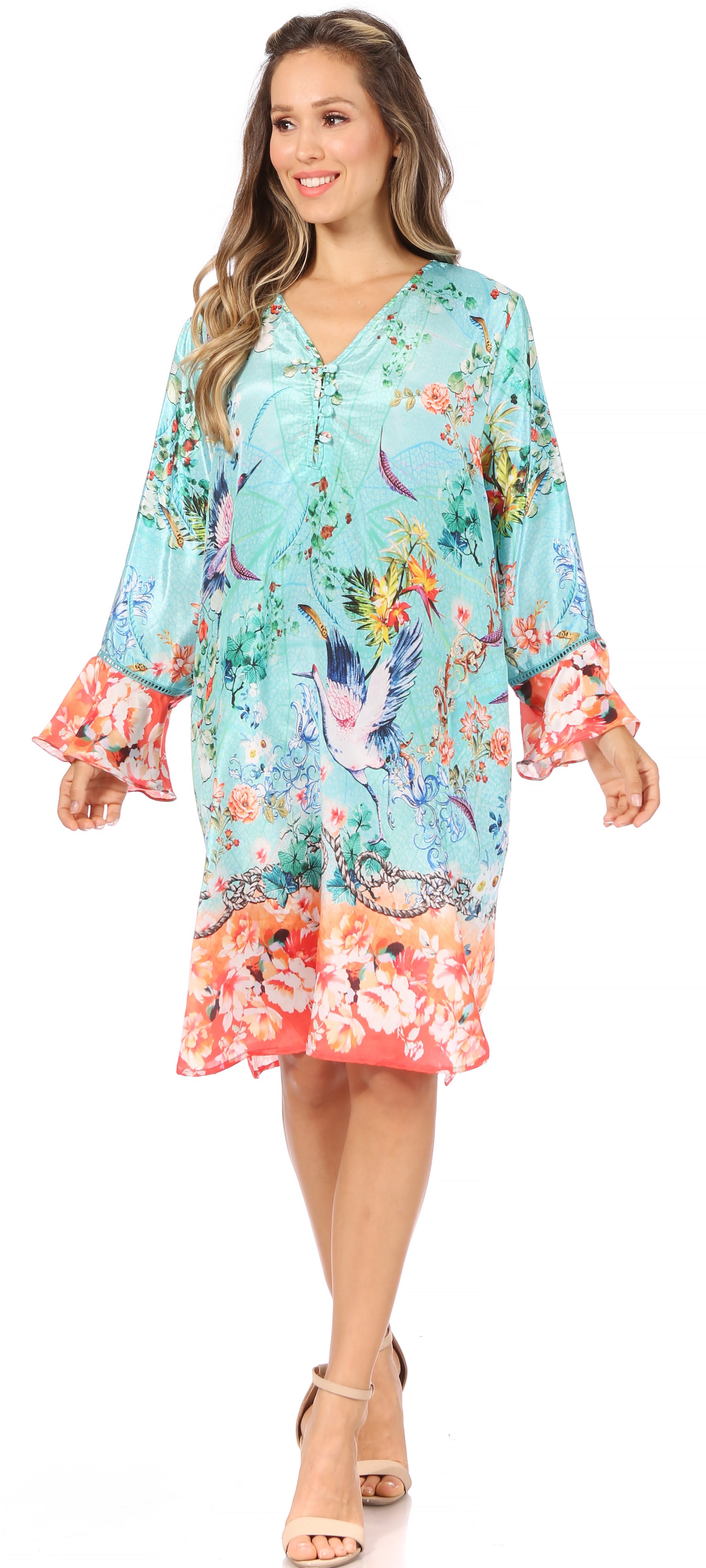Sakkas - Ximena Floral Boho Cocktail Dress Tunic Cover-up V neck