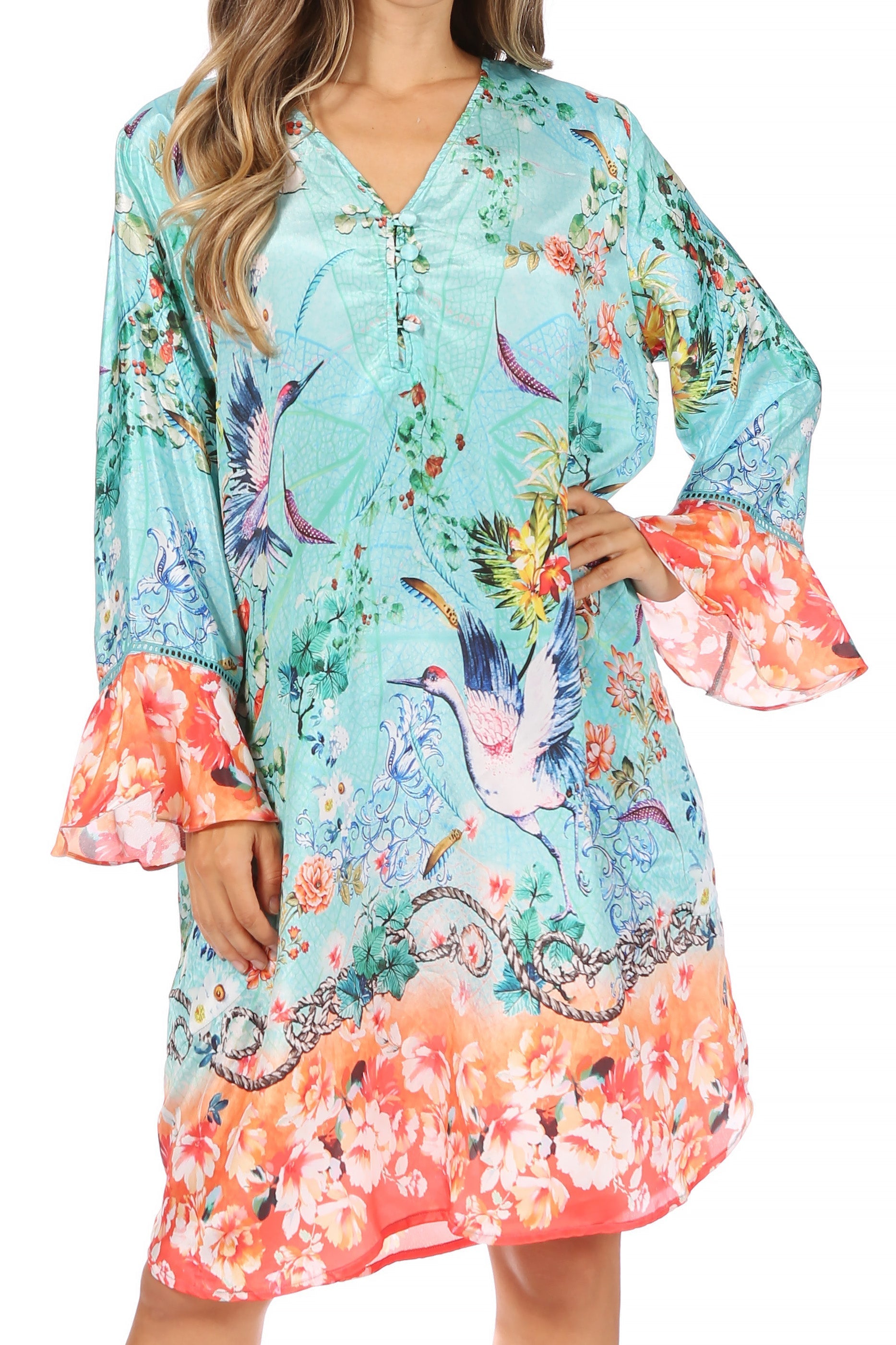 Sakkas - Ximena Floral Boho Cocktail Dress Tunic Cover-up V neck