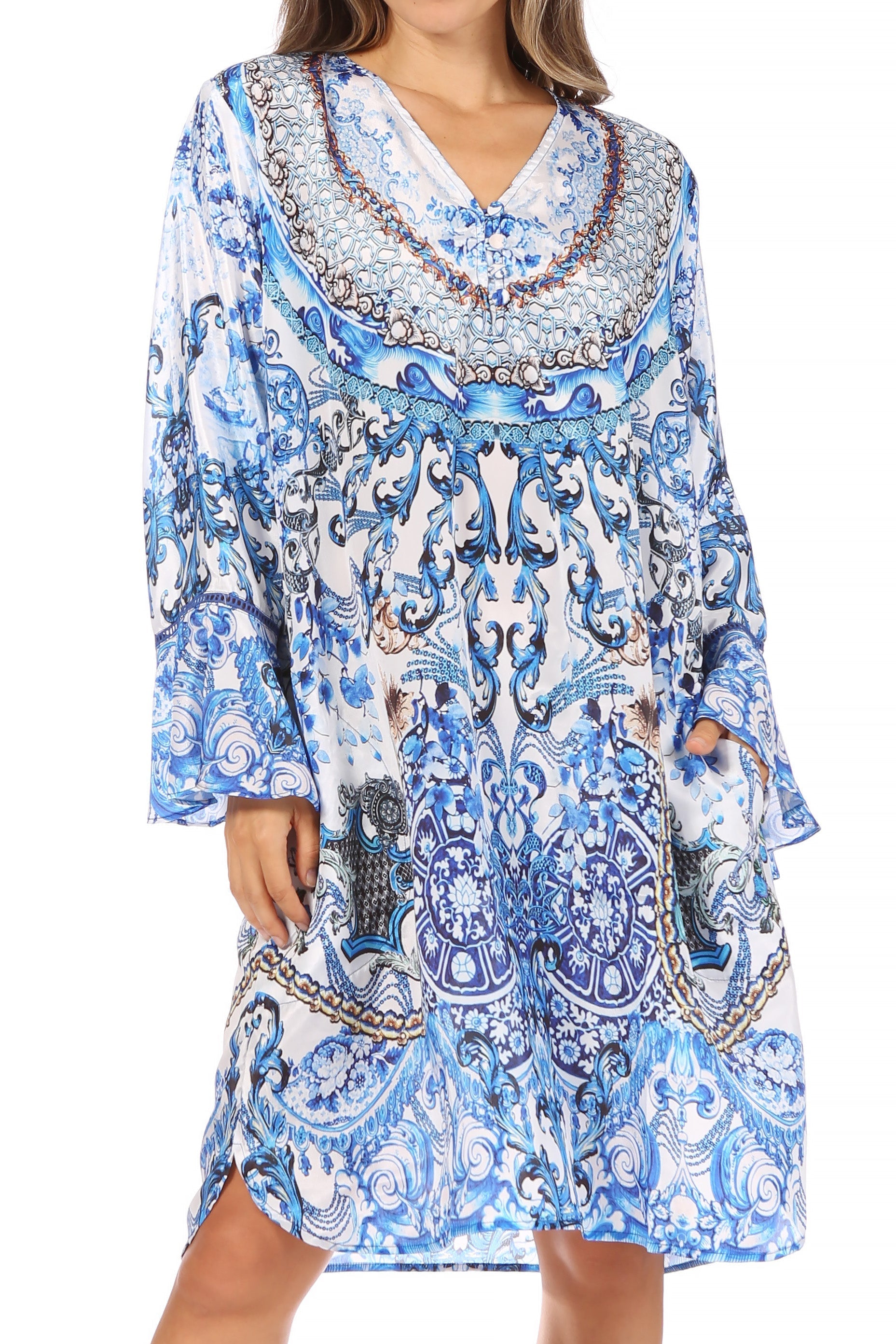 Sakkas - Ximena Floral Boho Cocktail Dress Tunic Cover-up V neck
