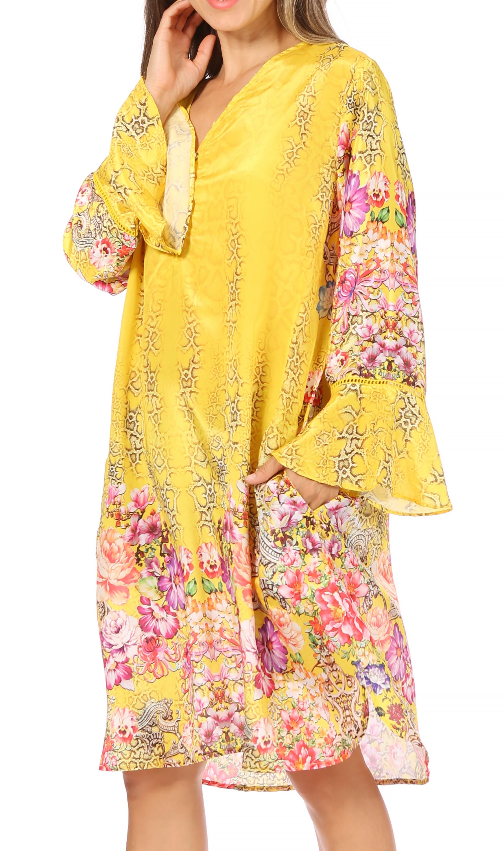 Sakkas - Ximena Floral Boho Cocktail Dress Tunic Cover-up V neck