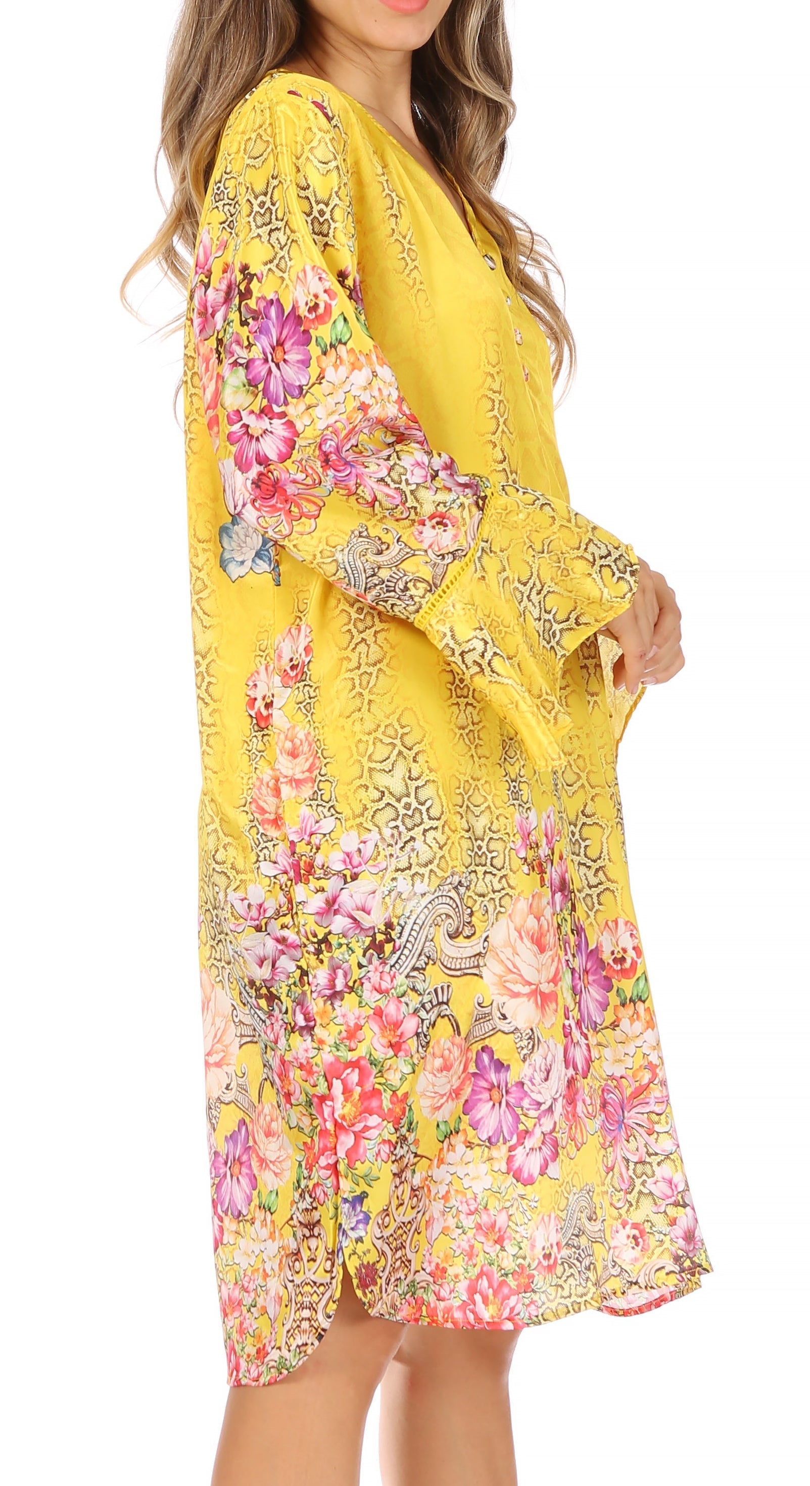 Sakkas - Ximena Floral Boho Cocktail Dress Tunic Cover-up V neck