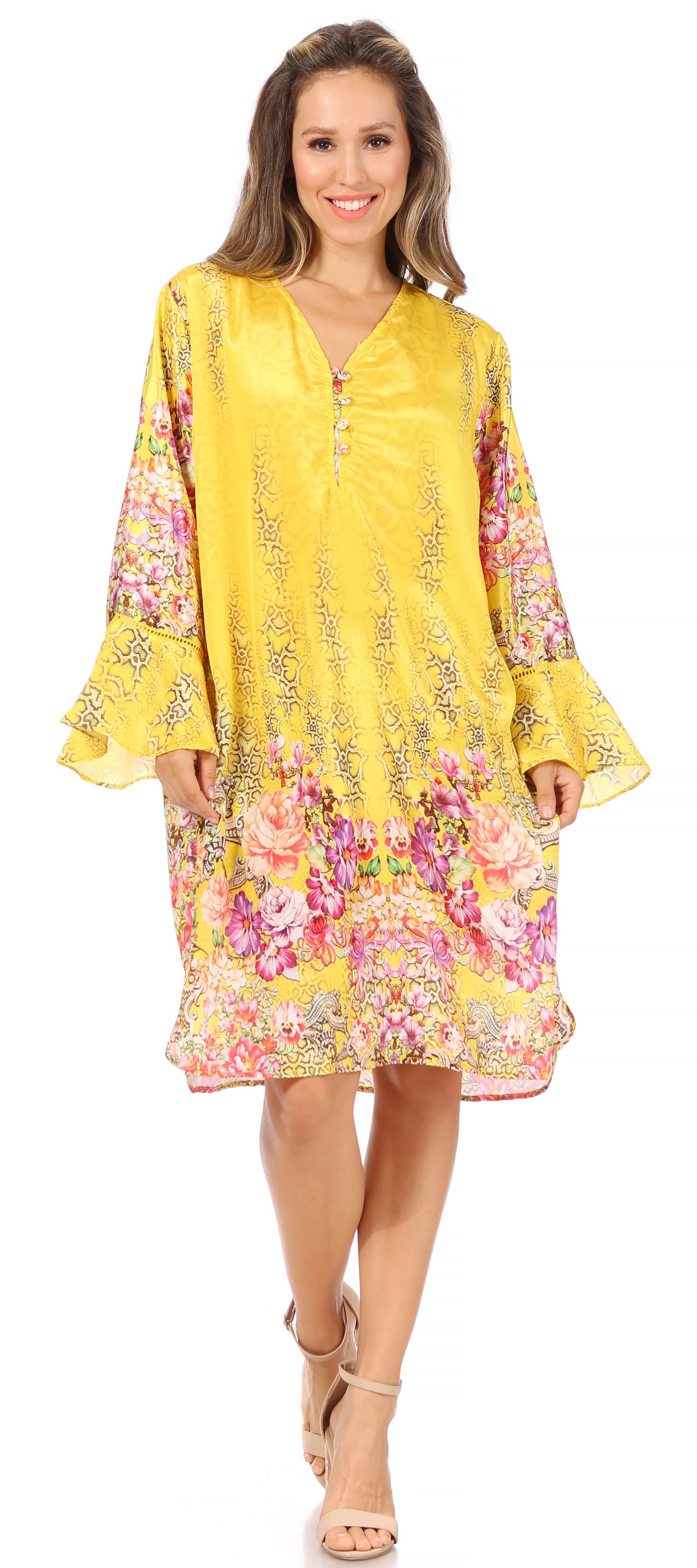 Sakkas - Ximena Floral Boho Cocktail Dress Tunic Cover-up V neck
